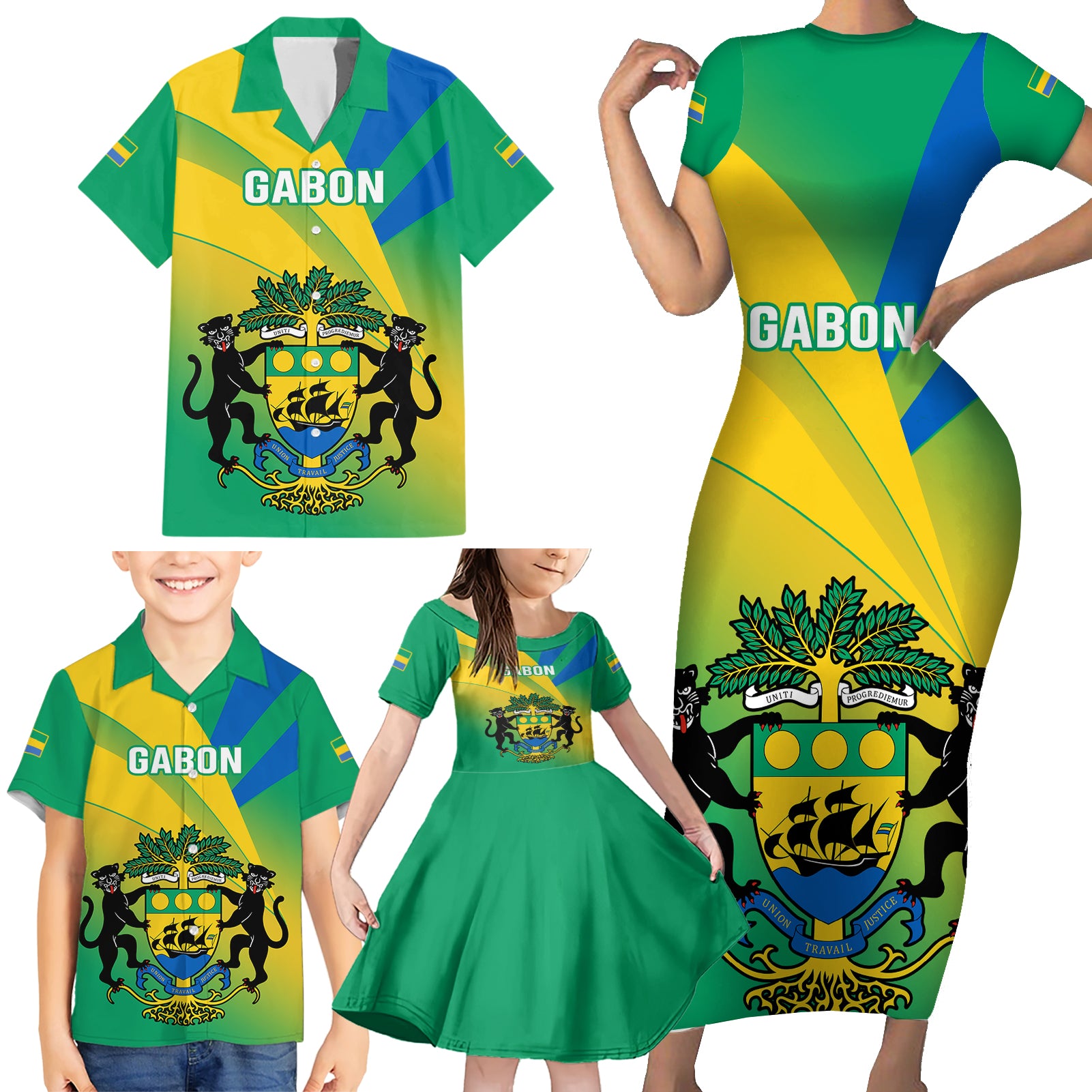 Gabon Family Matching Short Sleeve Bodycon Dress and Hawaiian Shirt Coat Of Arms With Flag Gradient Style - Wonder Print Shop