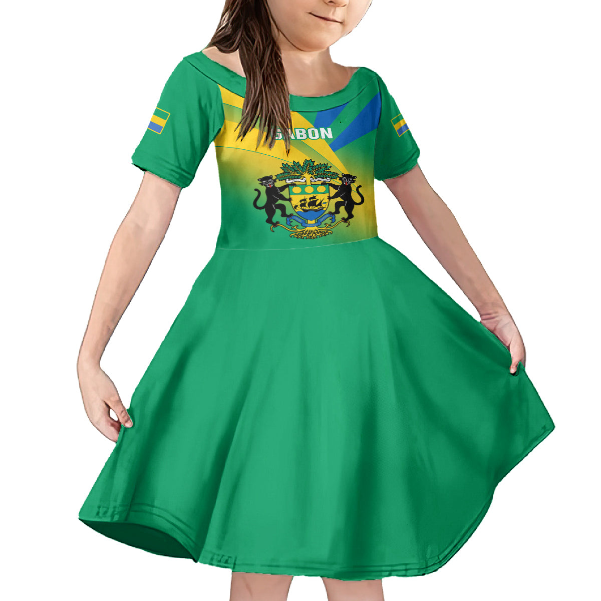 Gabon Kid Short Sleeve Dress Coat Of Arms With Flag Gradient Style - Wonder Print Shop