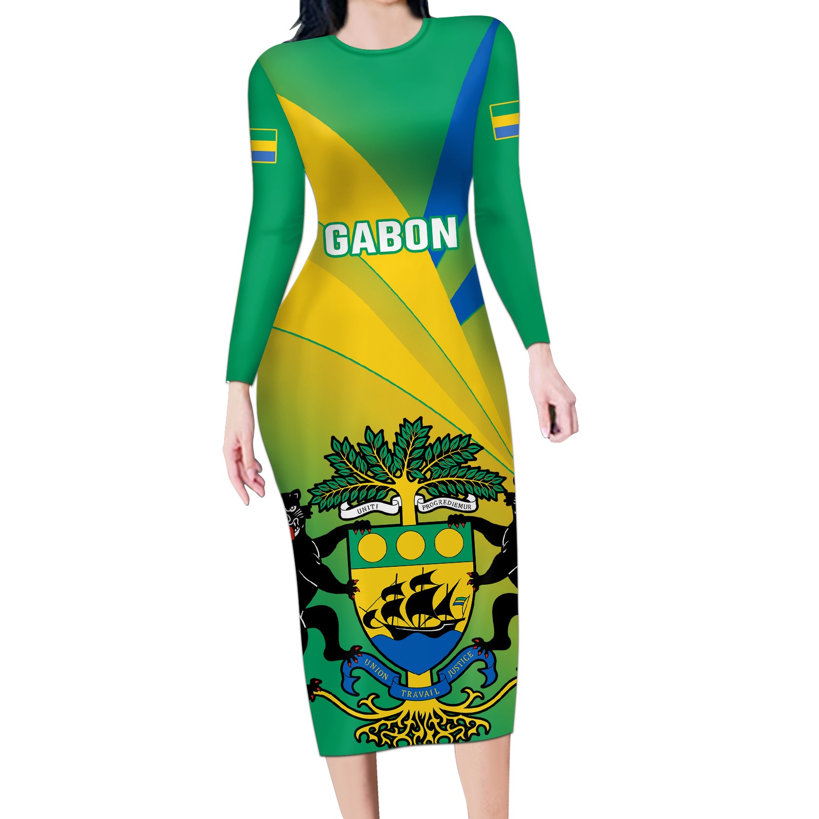 Gabon Long Sleeve Bodycon Dress Coat Of Arms With Flag Gradient Style - Wonder Print Shop