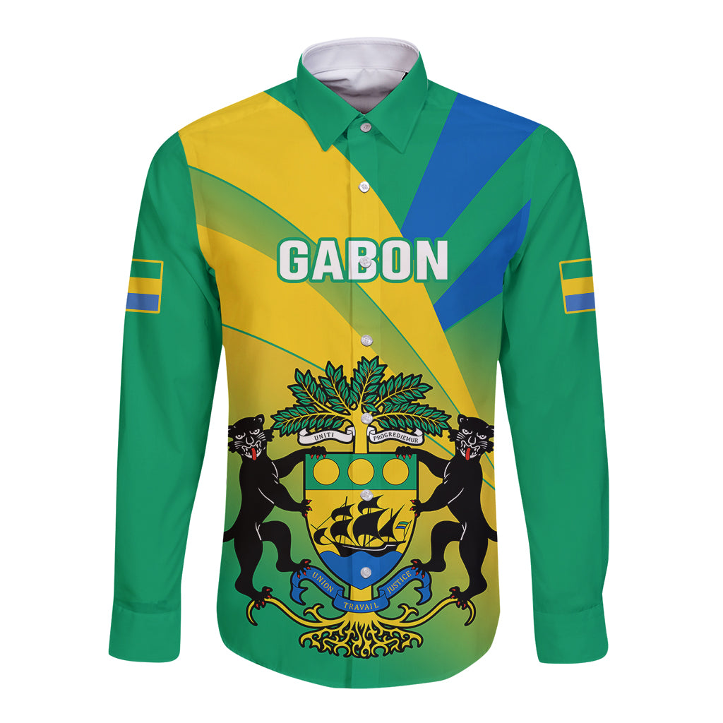 Gabon Long Sleeve Button Shirt Coat Of Arms With Flag Gradient Style - Wonder Print Shop