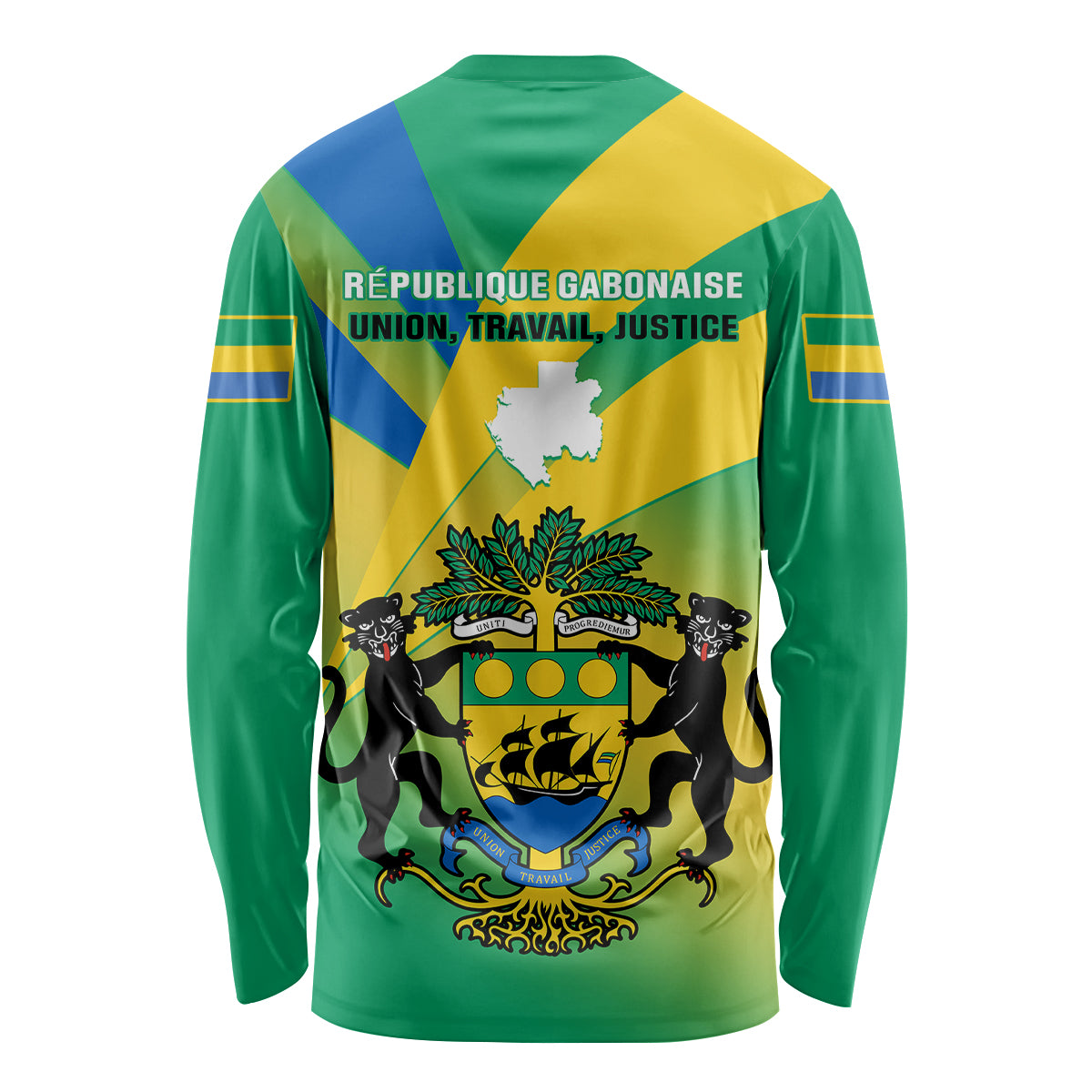 Long sleeve shirt with Gabon coat of arms and flag gradient, green sleeves