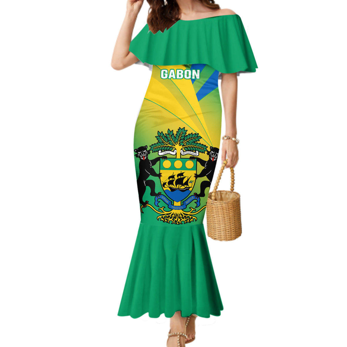 Gabon Mermaid Dress Coat Of Arms With Flag Gradient Style - Wonder Print Shop