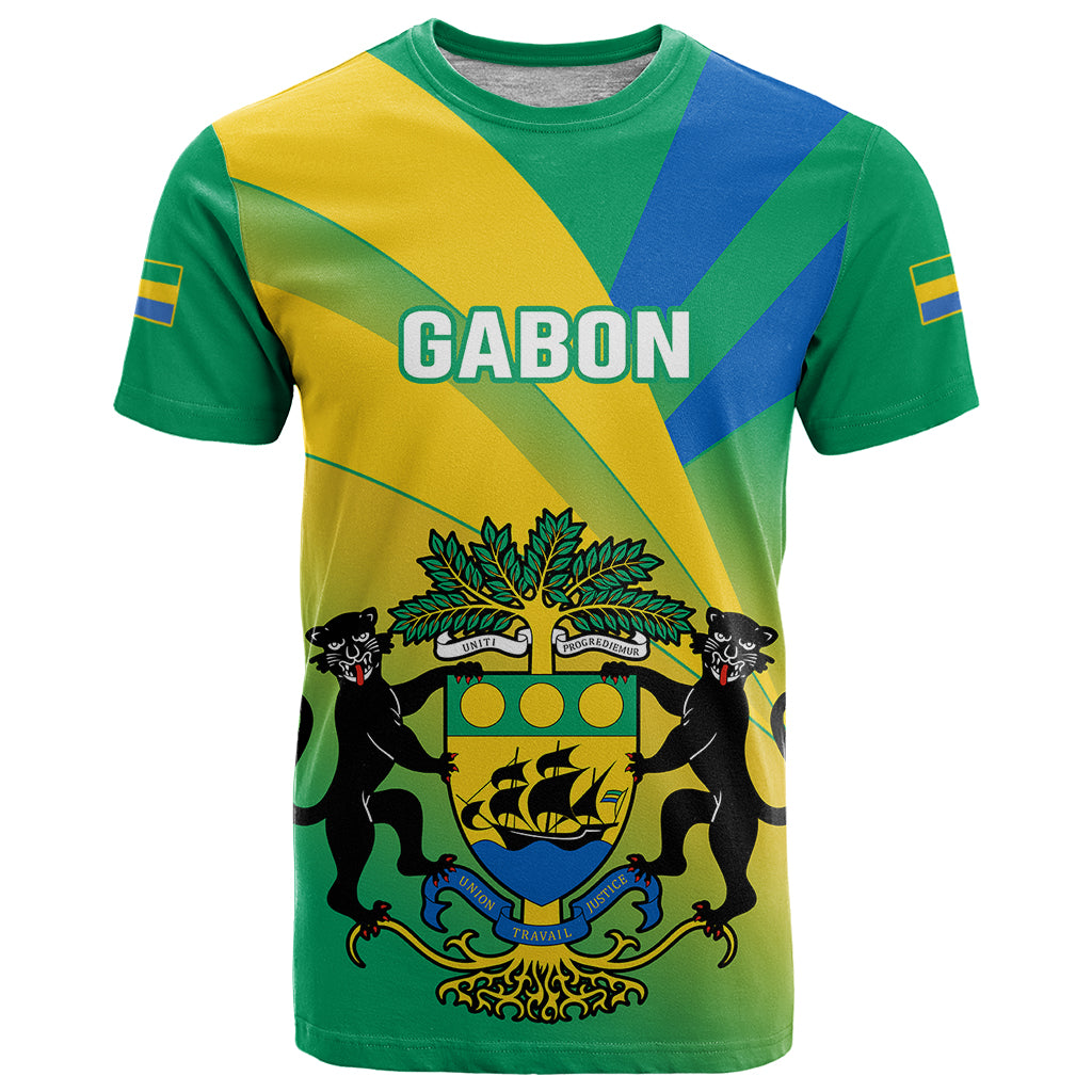 Gabon T Shirt Coat Of Arms With Flag Gradient Style - Wonder Print Shop