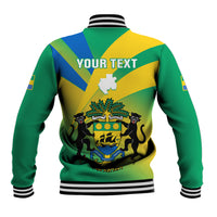 Back of green varsity jacket with blue-yellow diagonal panels, coat-of-arms crest, striped cuffs