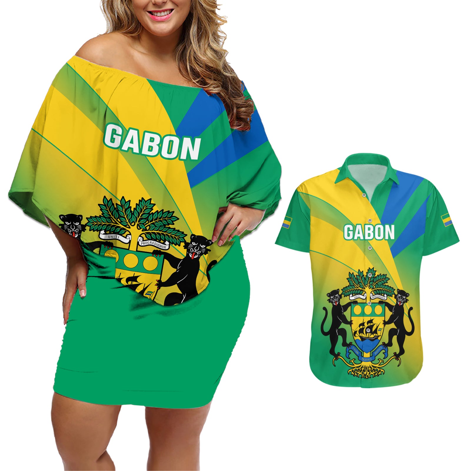 Presonalised Gabon Couples Matching Off Shoulder Short Dress and Hawaiian Shirt Coat Of Arms With Flag Gradient Style - Wonder Print Shop