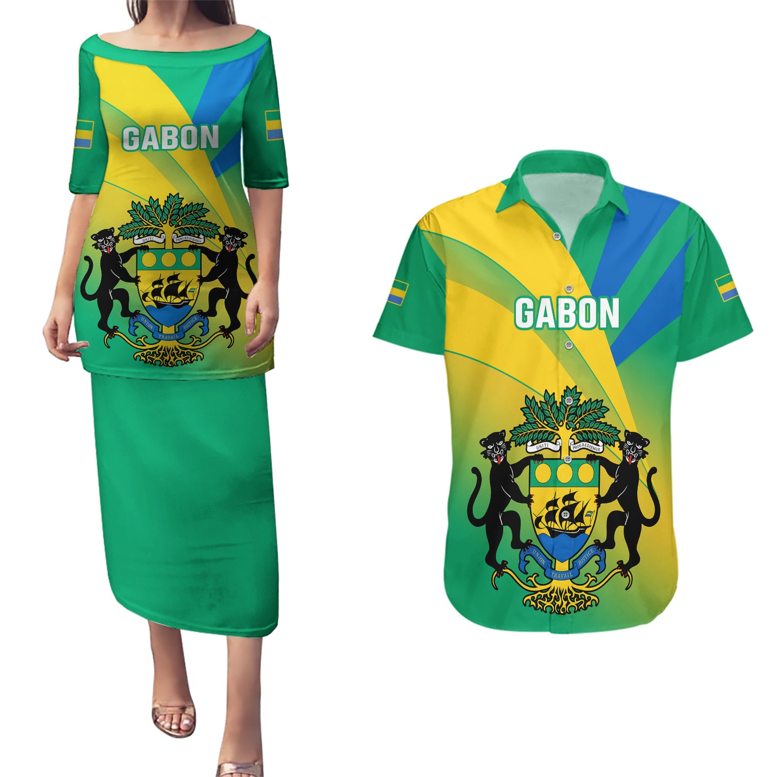 Presonalised Gabon Couples Matching Puletasi Dress and Hawaiian Shirt Coat Of Arms With Flag Gradient Style - Wonder Print Shop