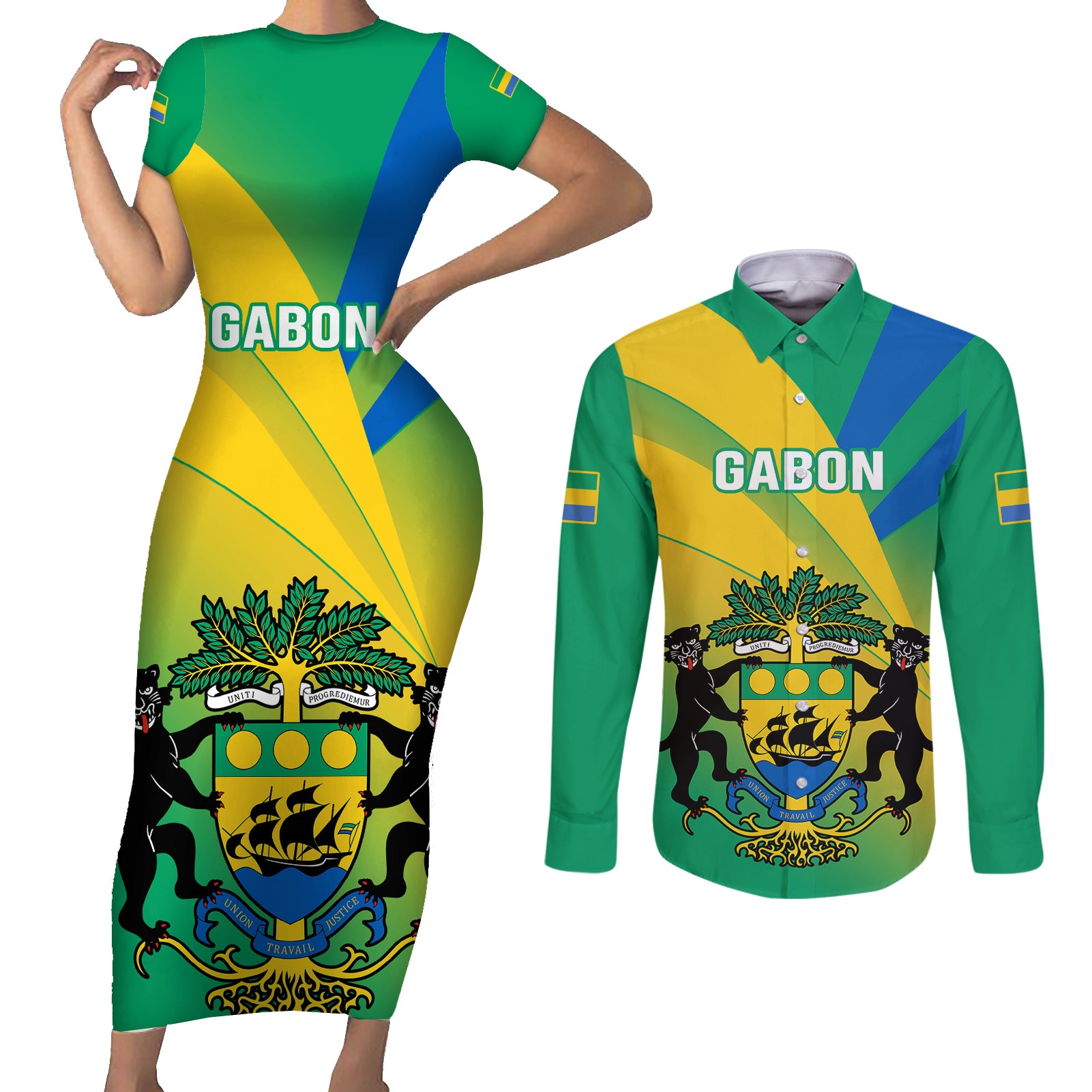 Presonalised Gabon Couples Matching Short Sleeve Bodycon Dress and Long Sleeve Button Shirts Coat Of Arms With Flag Gradient Style - Wonder Print Shop