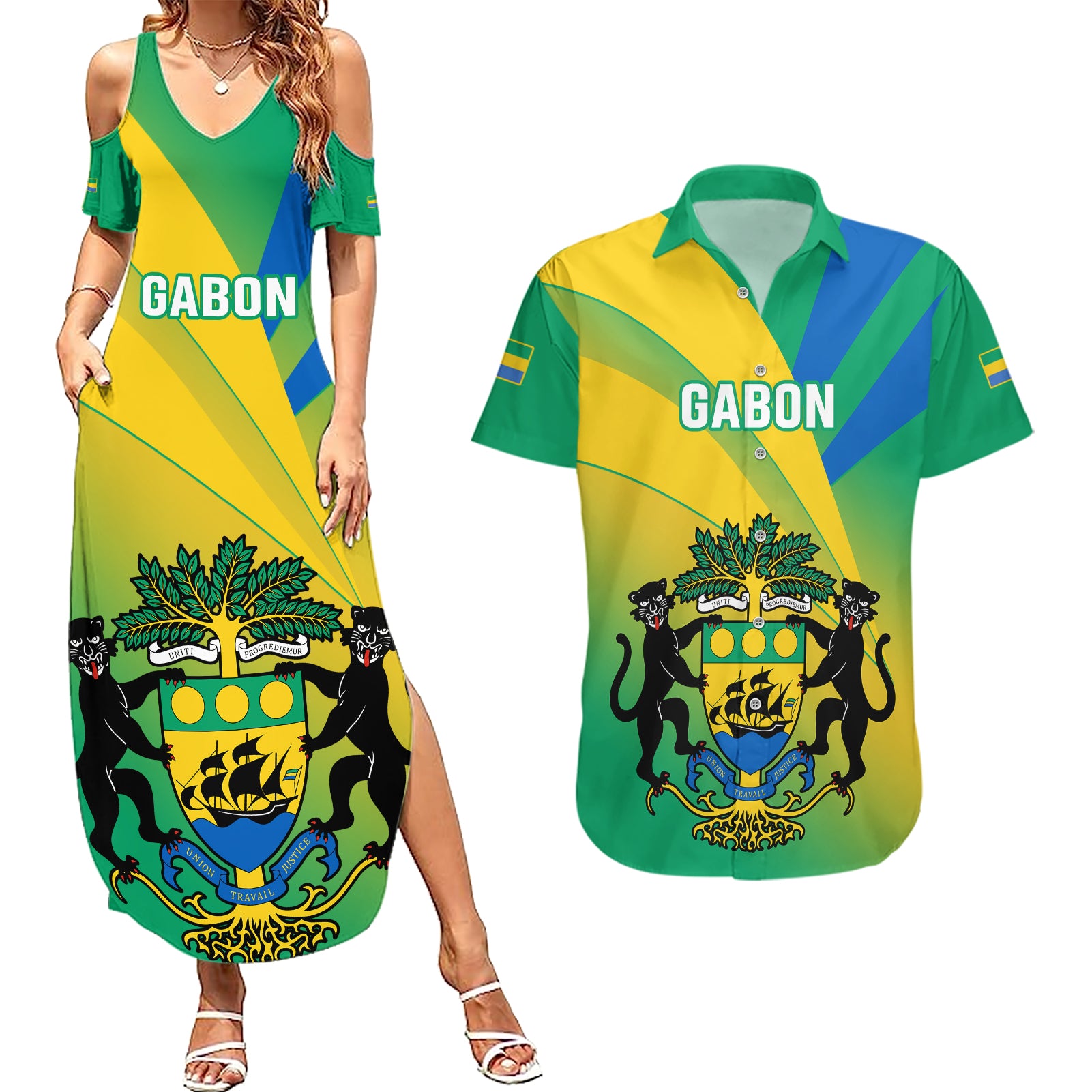 Presonalised Gabon Couples Matching Summer Maxi Dress and Hawaiian Shirt Coat Of Arms With Flag Gradient Style - Wonder Print Shop