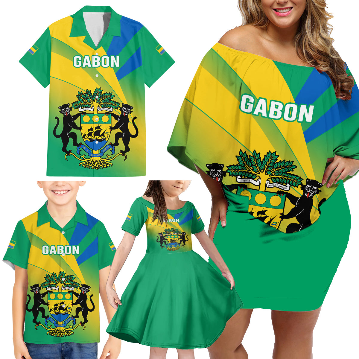 Presonalised Gabon Family Matching Off Shoulder Short Dress and Hawaiian Shirt Coat Of Arms With Flag Gradient Style - Wonder Print Shop