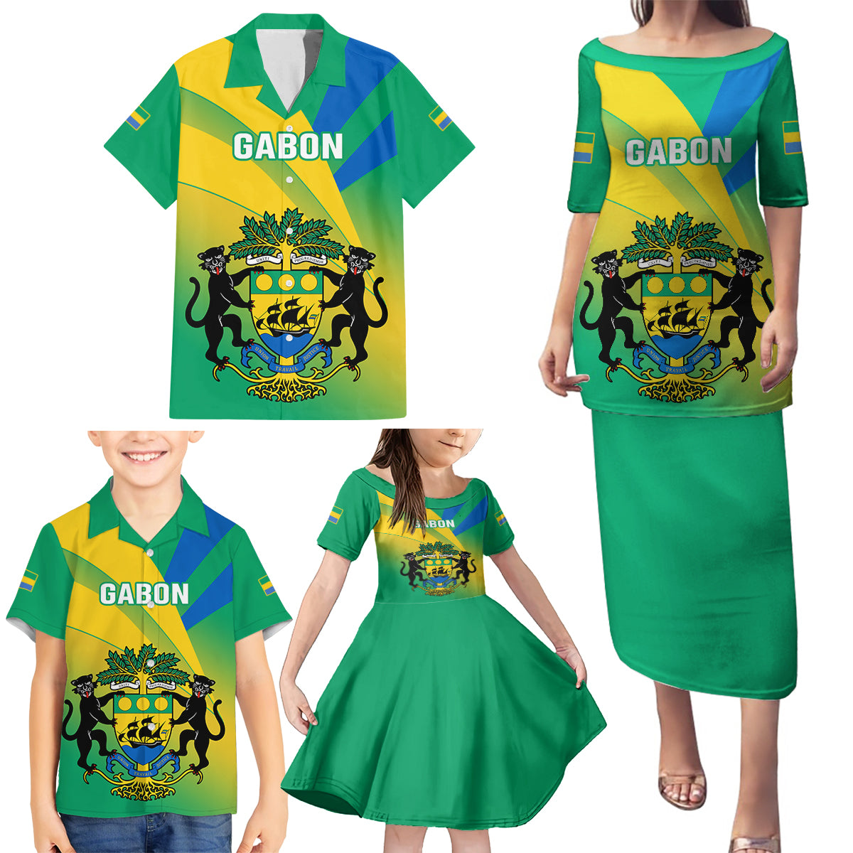 Presonalised Gabon Family Matching Puletasi Dress and Hawaiian Shirt Coat Of Arms With Flag Gradient Style - Wonder Print Shop