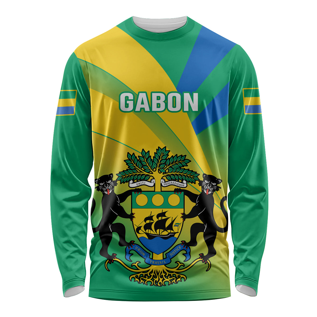 Presonalised Gabon Long Sleeve Shirt Coat Of Arms With Flag Gradient Style - Wonder Print Shop