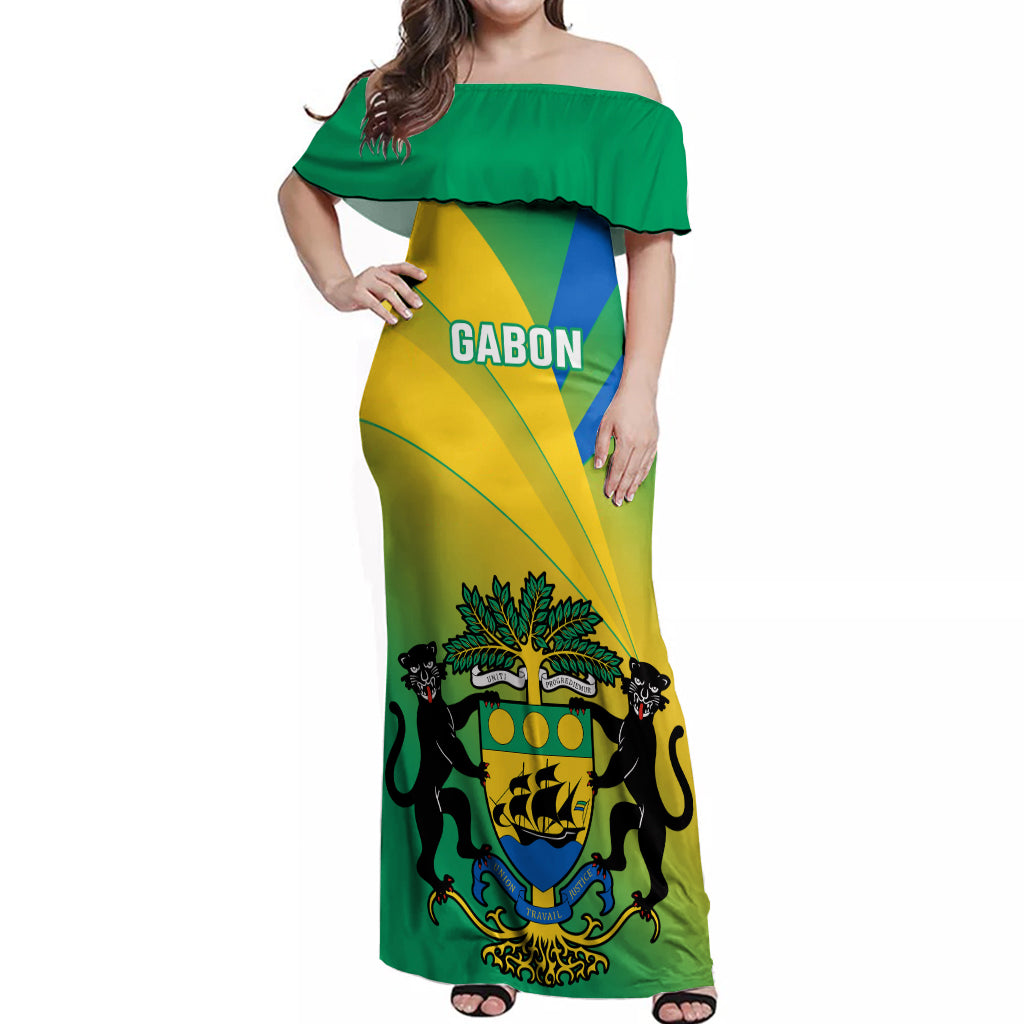 Presonalised Gabon Off Shoulder Maxi Dress Coat Of Arms With Flag Gradient Style - Wonder Print Shop