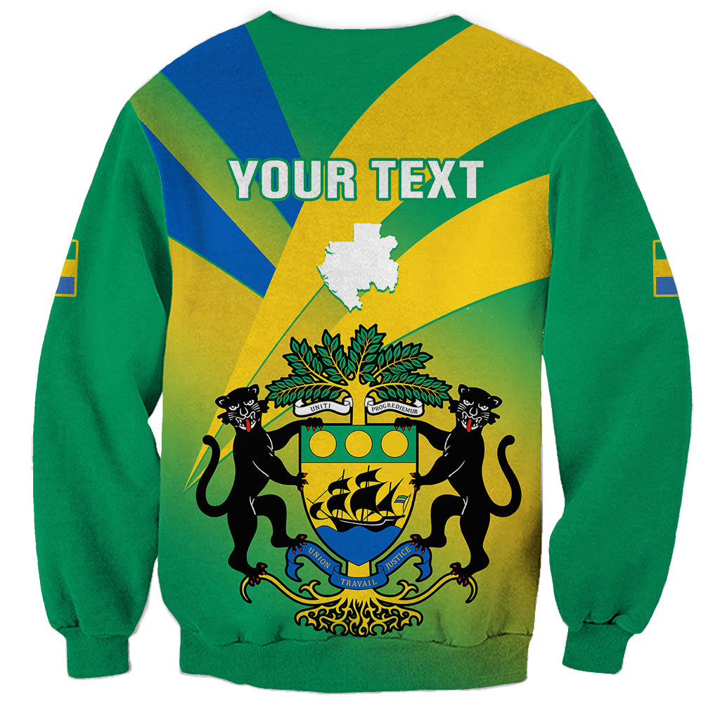 Green unisex sweatshirt back with YOUR TEXT and Gabon crest on flag gradient