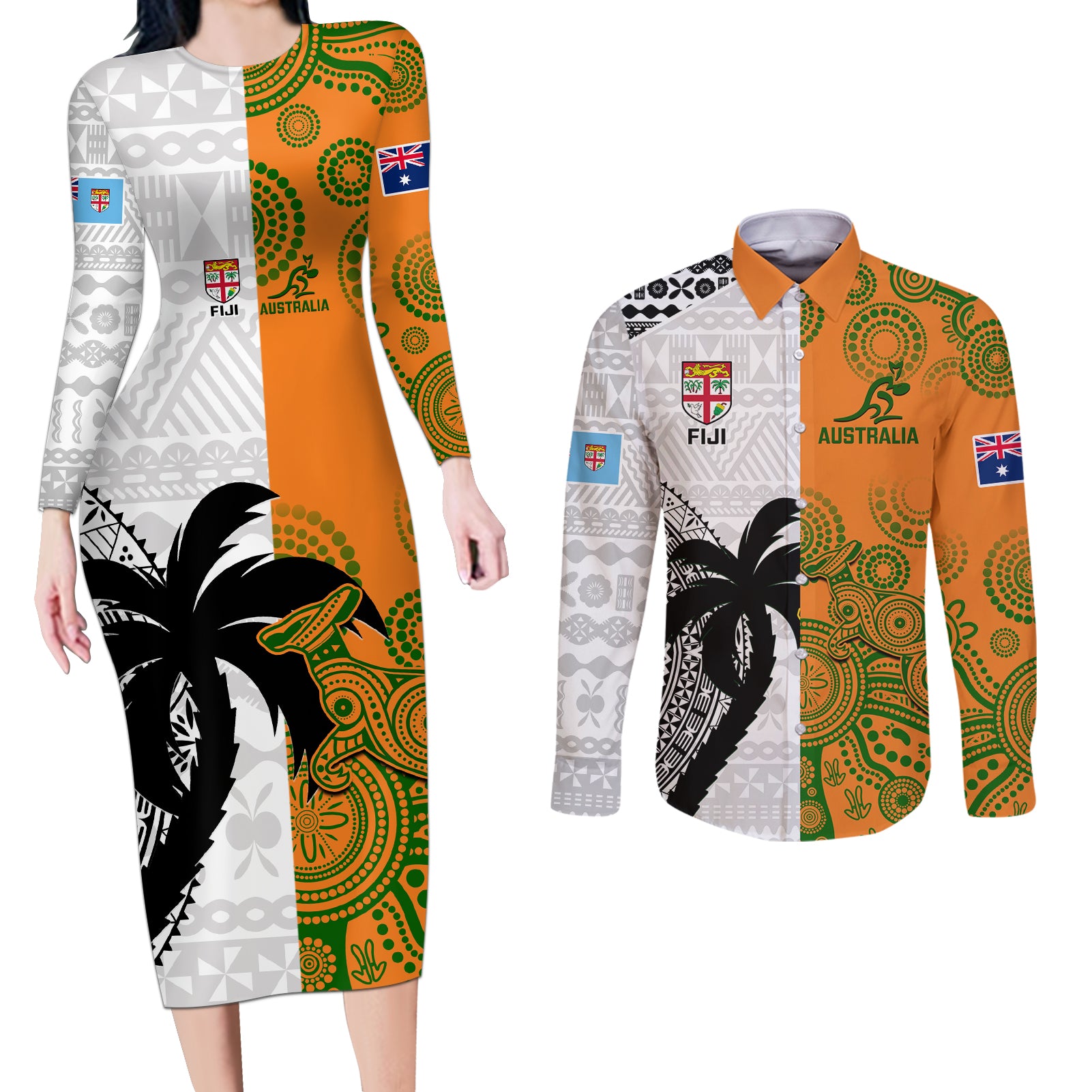 Fiji And Australia Rugby Couples Matching Long Sleeve Bodycon Dress and Long Sleeve Button Shirts 2023 World Cup Aboriginal Mix Tapa Pattern - Wonder Print Shop