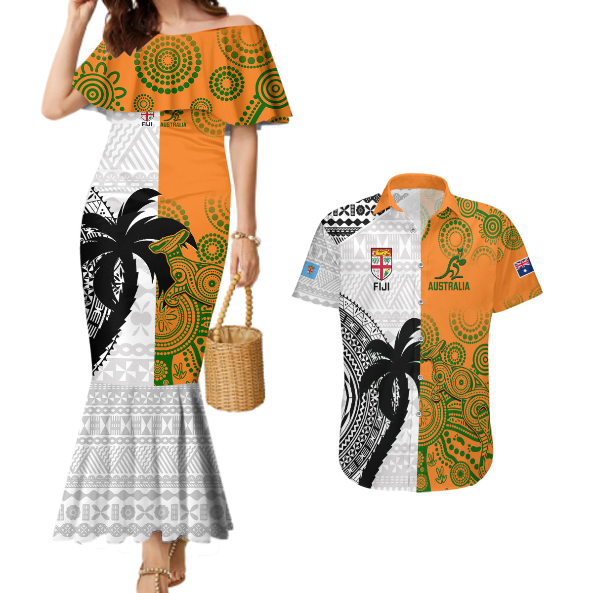 Fiji And Australia Rugby Couples Matching Mermaid Dress and Hawaiian Shirt 2023 World Cup Aboriginal Mix Tapa Pattern - Wonder Print Shop