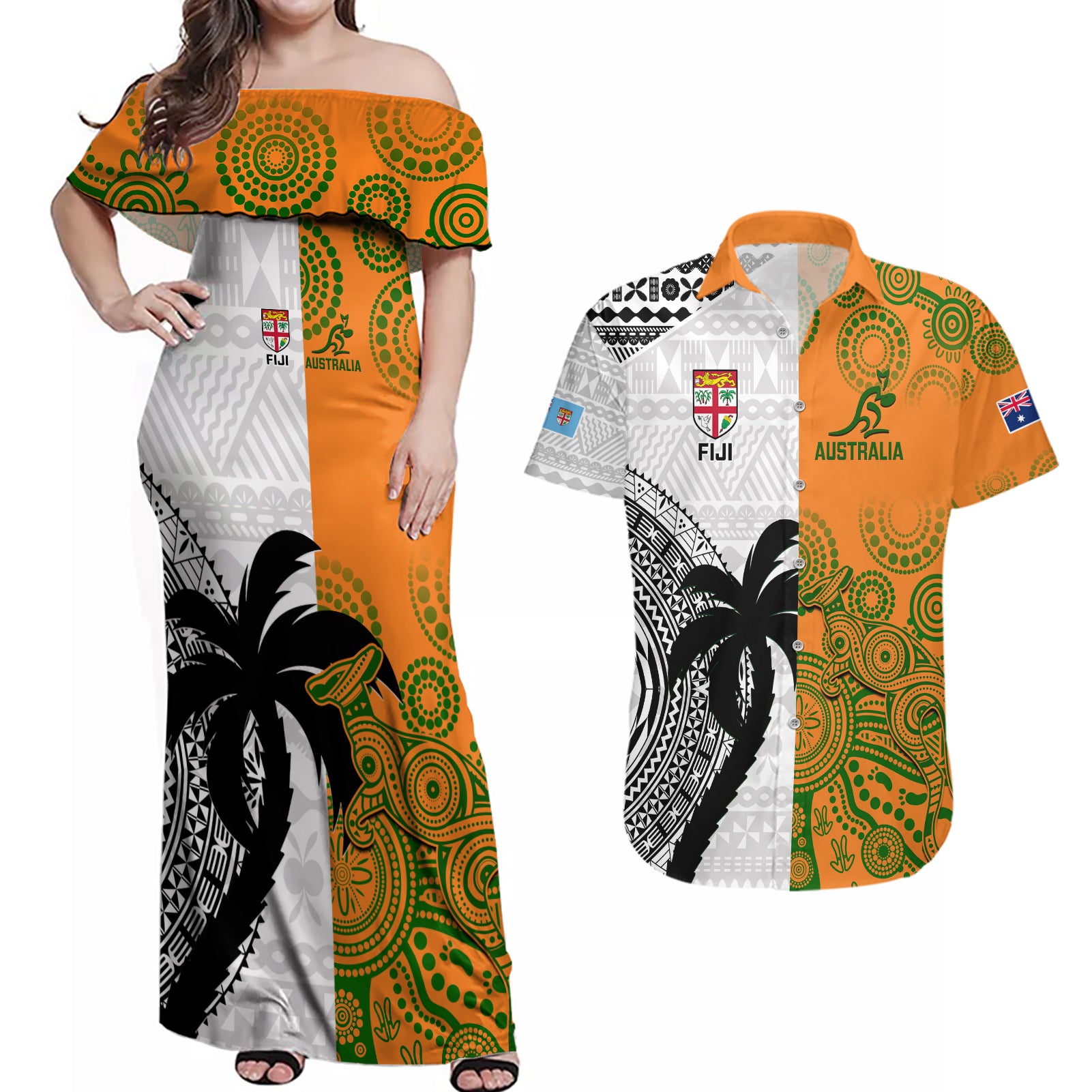 Fiji And Australia Rugby Couples Matching Off Shoulder Maxi Dress and Hawaiian Shirt 2023 World Cup Aboriginal Mix Tapa Pattern - Wonder Print Shop