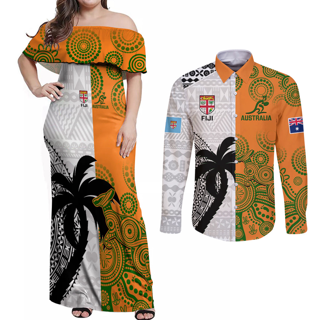 Fiji And Australia Rugby Couples Matching Off Shoulder Maxi Dress and Long Sleeve Button Shirts 2023 World Cup Aboriginal Mix Tapa Pattern - Wonder Print Shop