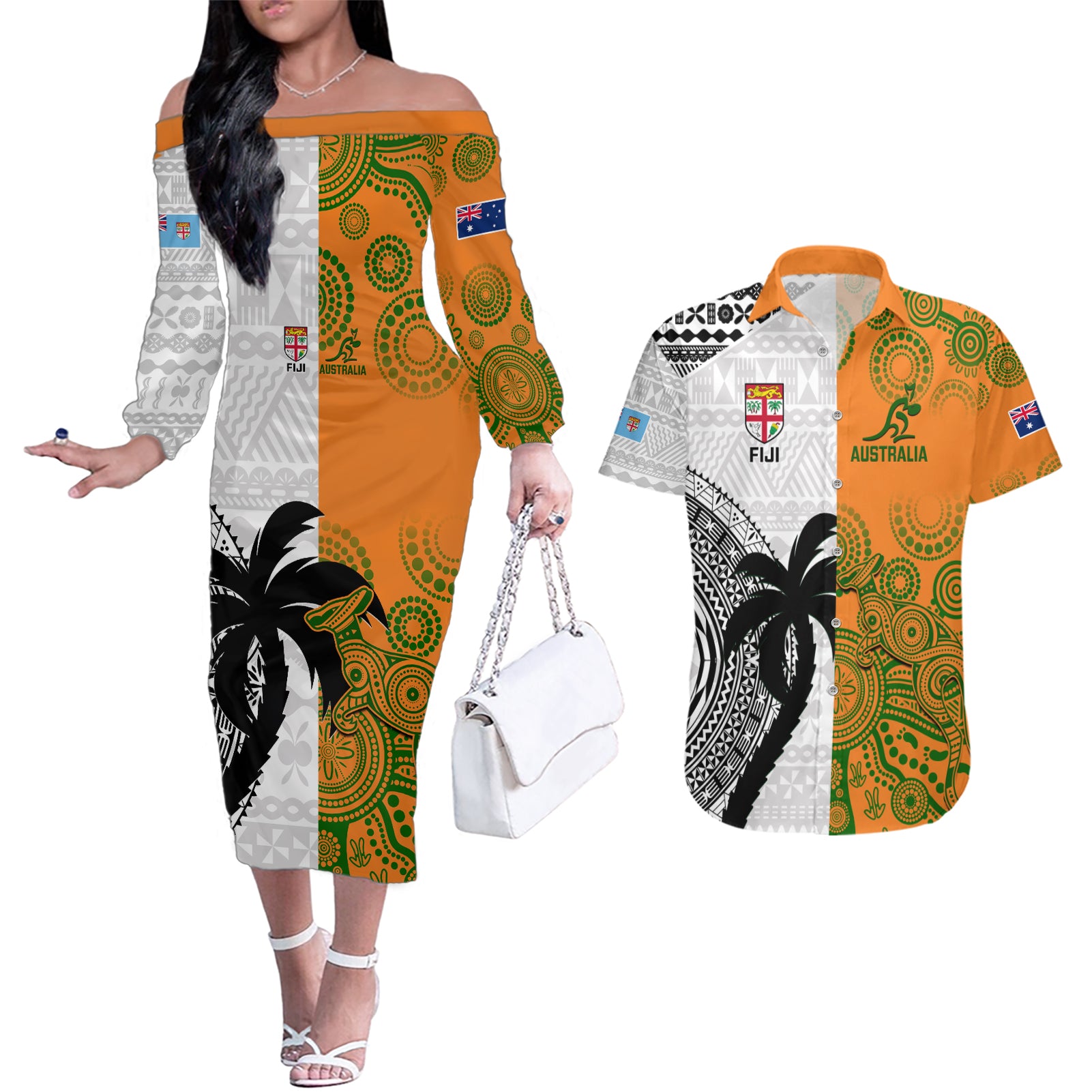 Fiji And Australia Rugby Couples Matching Off The Shoulder Long Sleeve Dress and Hawaiian Shirt 2023 World Cup Aboriginal Mix Tapa Pattern - Wonder Print Shop