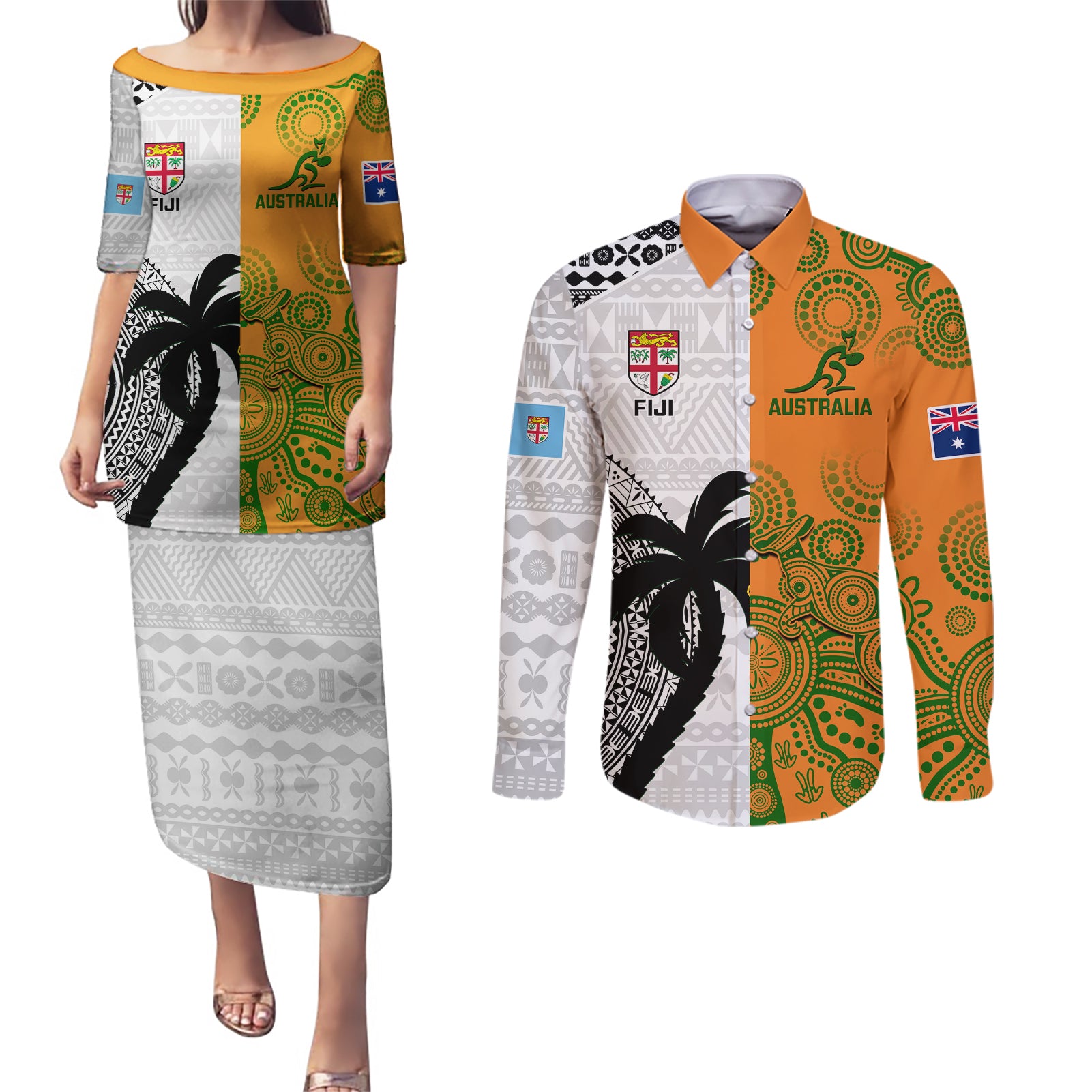 Fiji And Australia Rugby Couples Matching Puletasi Dress and Long Sleeve Button Shirts 2023 World Cup Aboriginal Mix Tapa Pattern - Wonder Print Shop