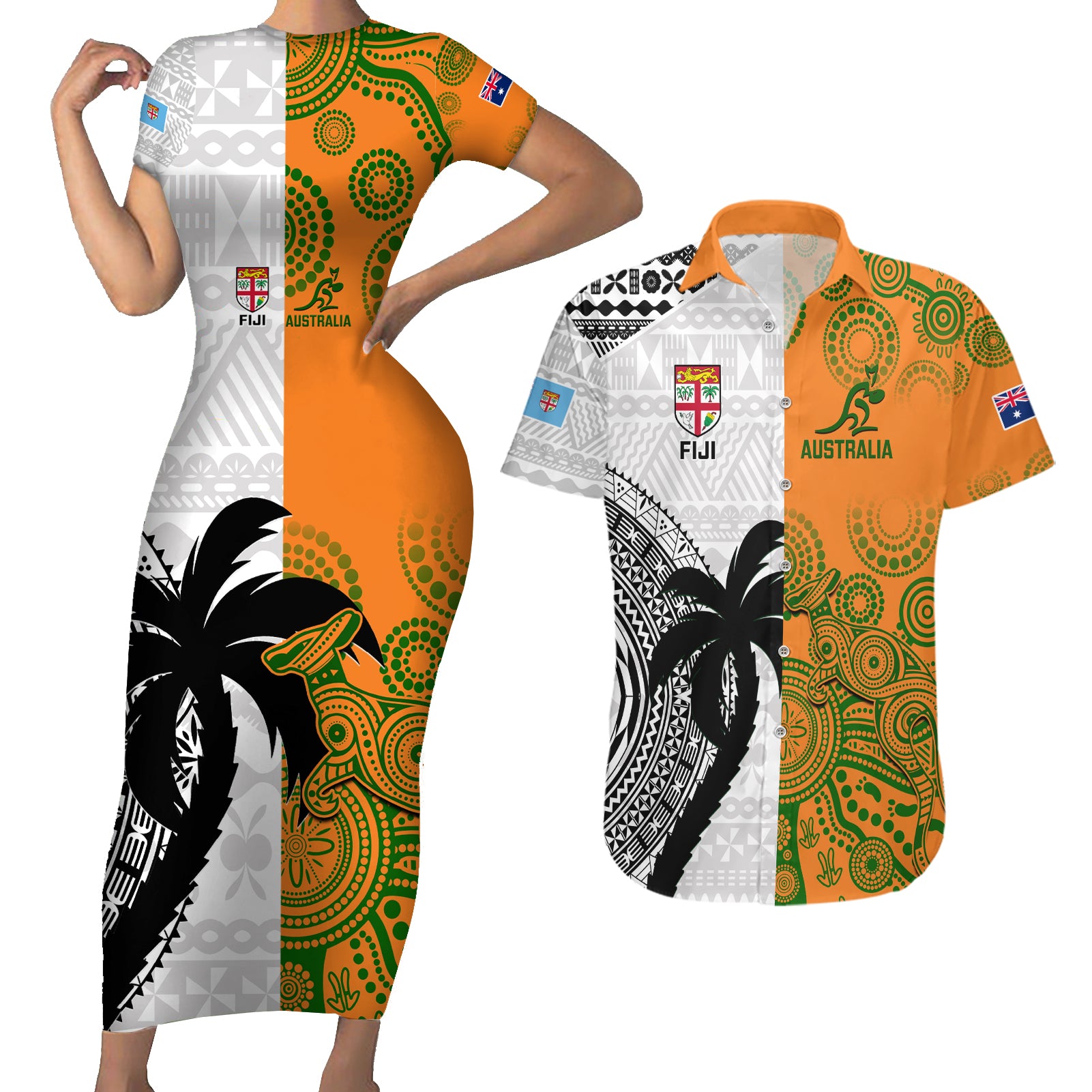 Fiji And Australia Rugby Couples Matching Short Sleeve Bodycon Dress and Hawaiian Shirt 2023 World Cup Aboriginal Mix Tapa Pattern - Wonder Print Shop