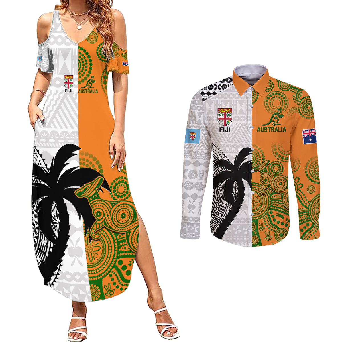 Fiji And Australia Rugby Couples Matching Summer Maxi Dress and Long Sleeve Button Shirts 2023 World Cup Aboriginal Mix Tapa Pattern - Wonder Print Shop