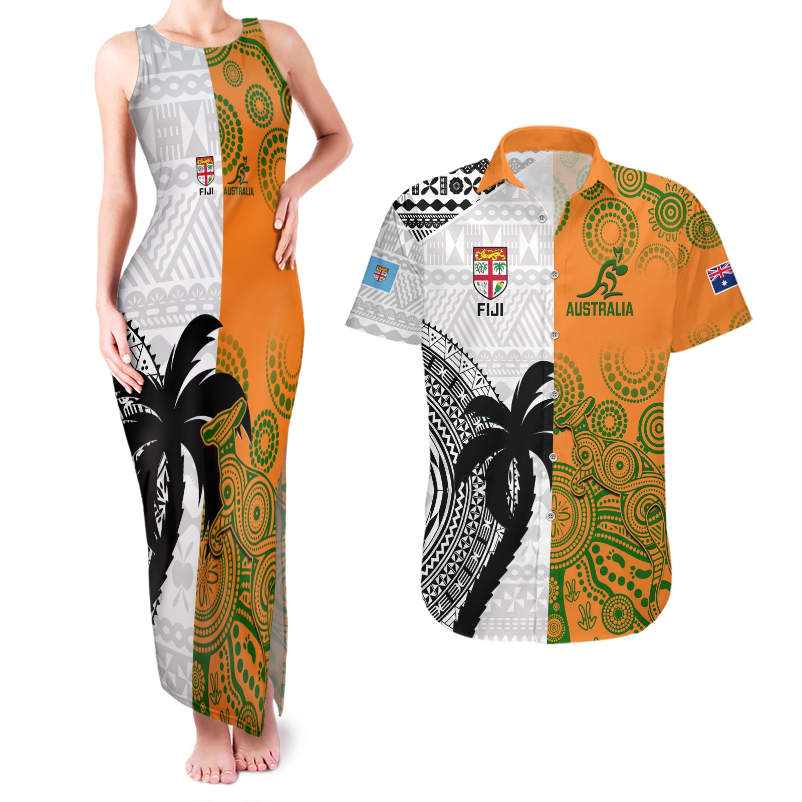 Fiji And Australia Rugby Couples Matching Tank Maxi Dress and Hawaiian Shirt 2023 World Cup Aboriginal Mix Tapa Pattern - Wonder Print Shop