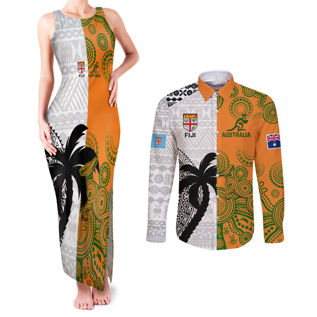 Fiji And Australia Rugby Couples Matching Tank Maxi Dress and Long Sleeve Button Shirts 2023 World Cup Aboriginal Mix Tapa Pattern - Wonder Print Shop