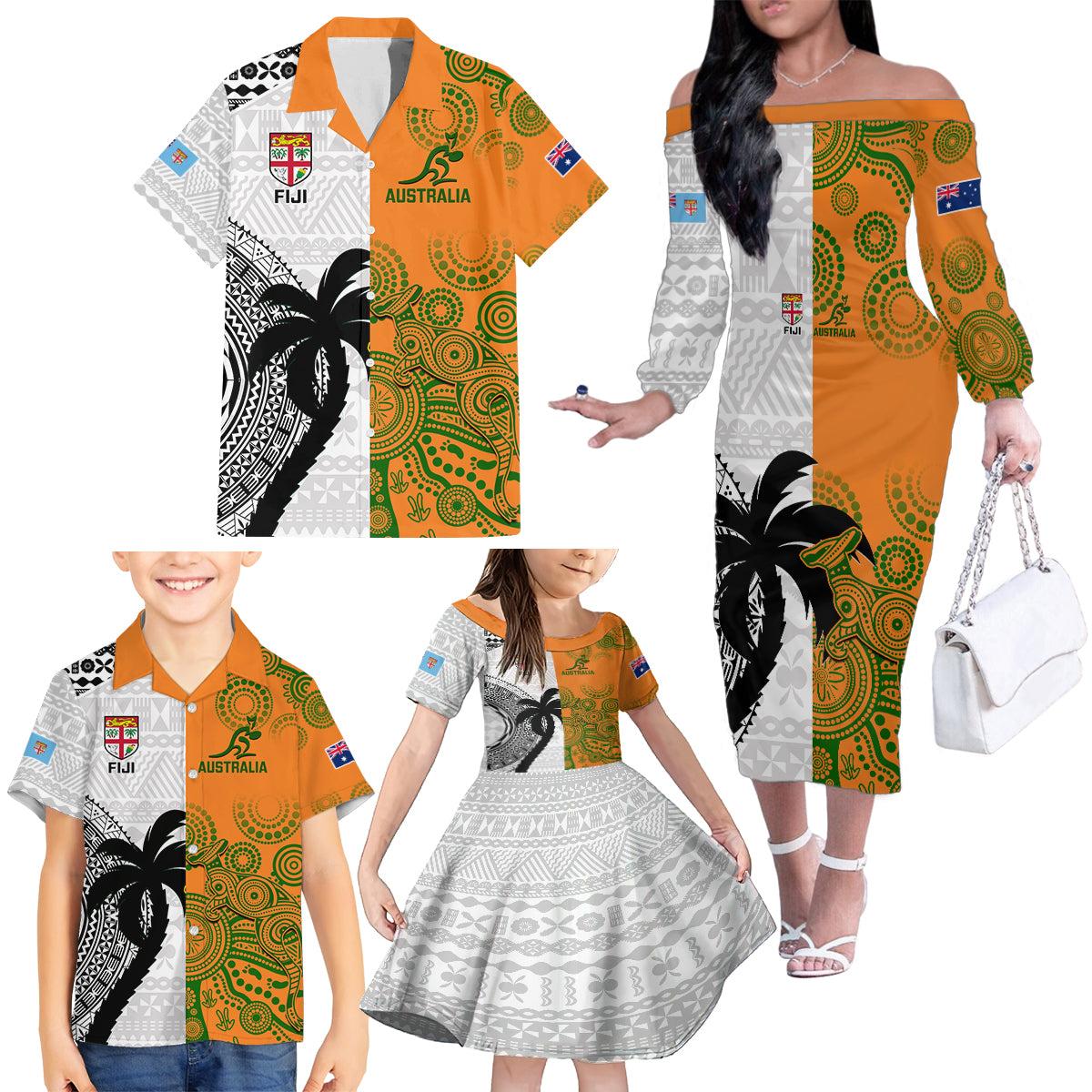 Fiji And Australia Rugby Family Matching Off Shoulder Long Sleeve Dress and Hawaiian Shirt 2023 World Cup Aboriginal Mix Tapa Pattern - Wonder Print Shop