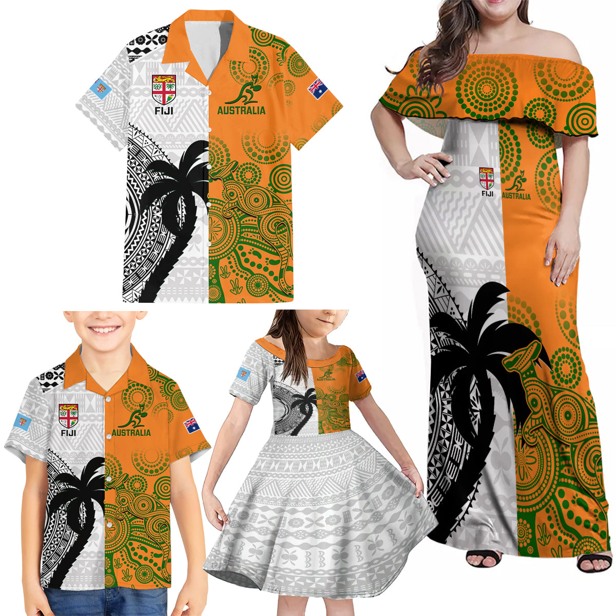 Fiji And Australia Rugby Family Matching Off Shoulder Maxi Dress and Hawaiian Shirt 2023 World Cup Aboriginal Mix Tapa Pattern - Wonder Print Shop