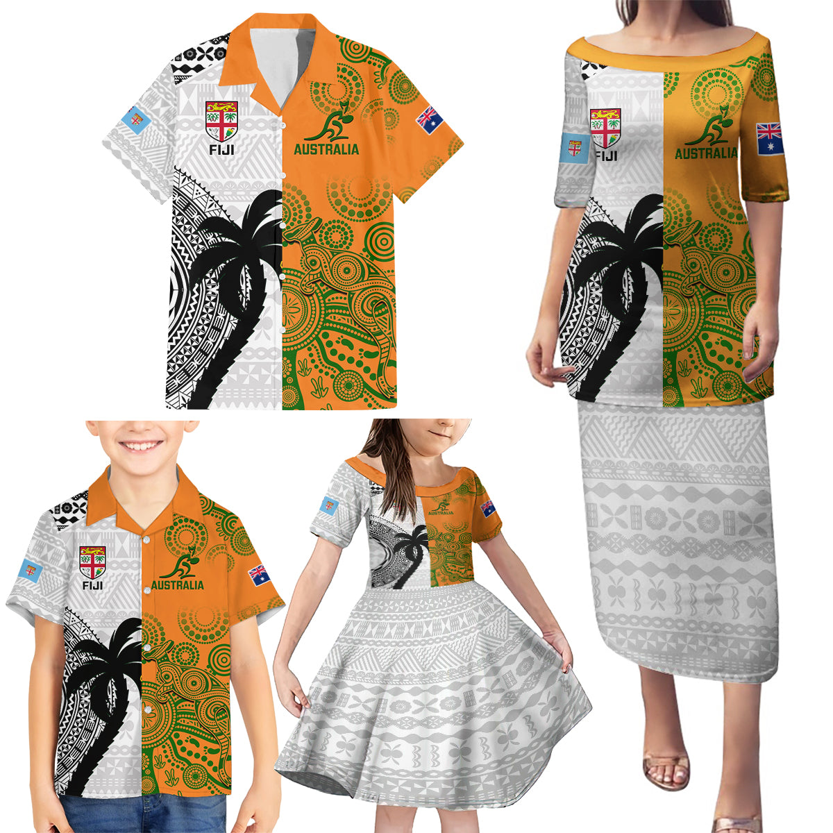 Fiji And Australia Rugby Family Matching Puletasi Dress and Hawaiian Shirt 2023 World Cup Aboriginal Mix Tapa Pattern - Wonder Print Shop