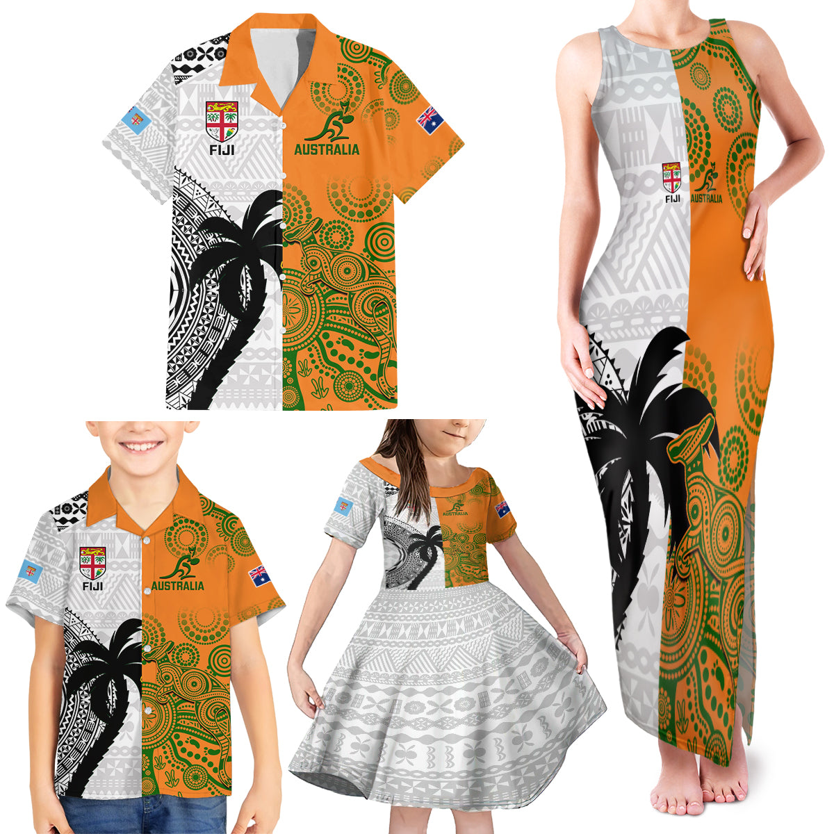 Fiji And Australia Rugby Family Matching Tank Maxi Dress and Hawaiian Shirt 2023 World Cup Aboriginal Mix Tapa Pattern - Wonder Print Shop