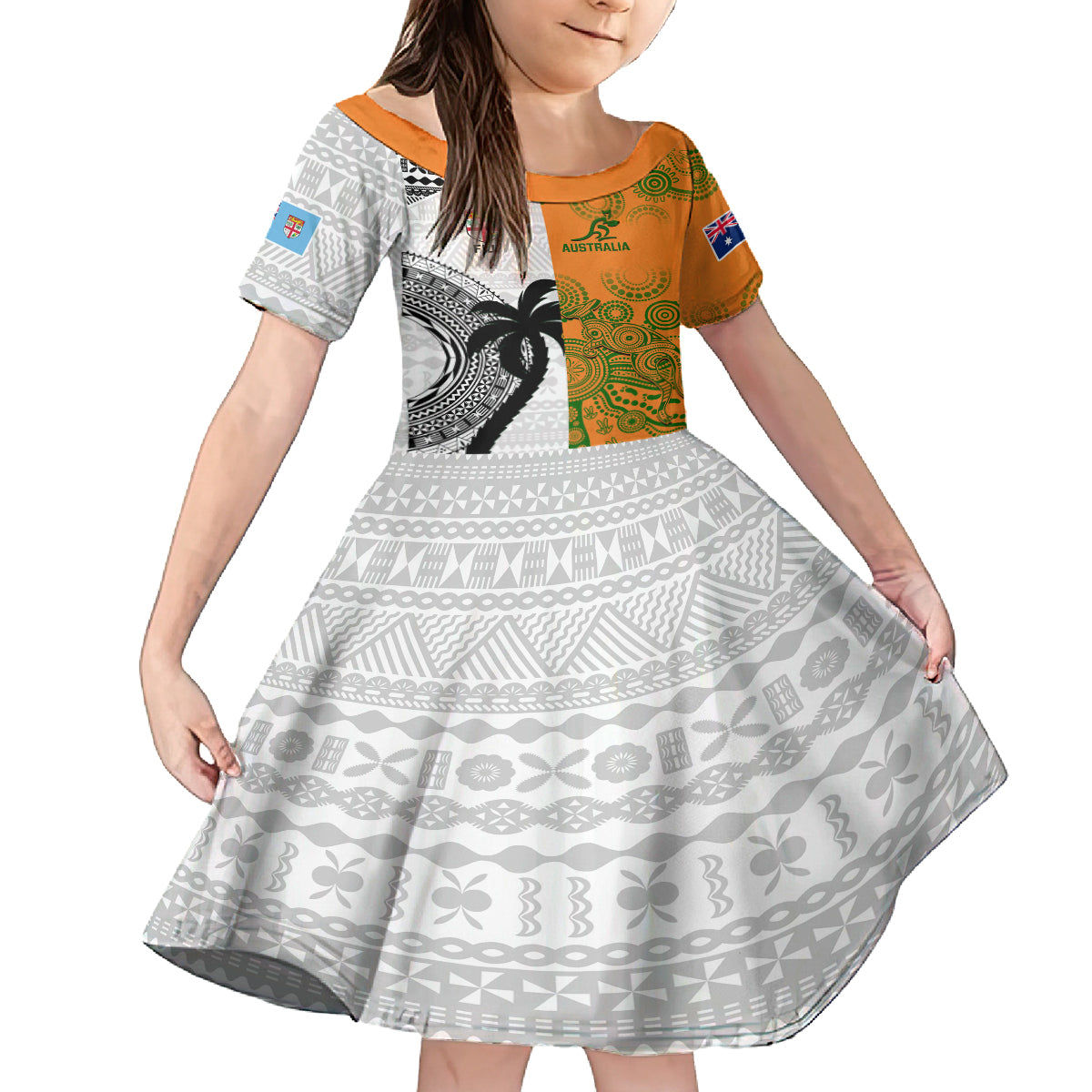 Fiji And Australia Rugby Kid Short Sleeve Dress 2023 World Cup Aboriginal Mix Tapa Pattern - Wonder Print Shop