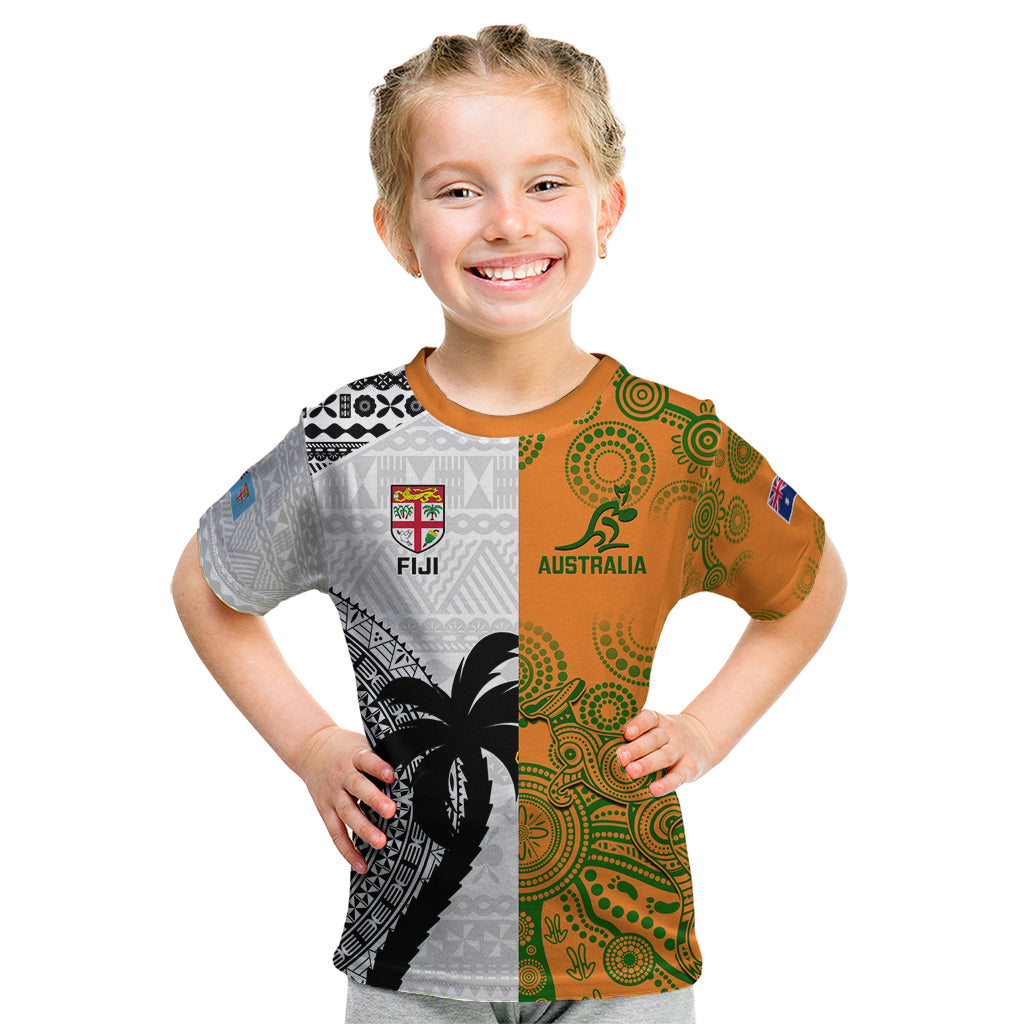 Fiji And Australia Rugby Kid T Shirt 2023 World Cup Aboriginal Mix Tapa Pattern - Wonder Print Shop