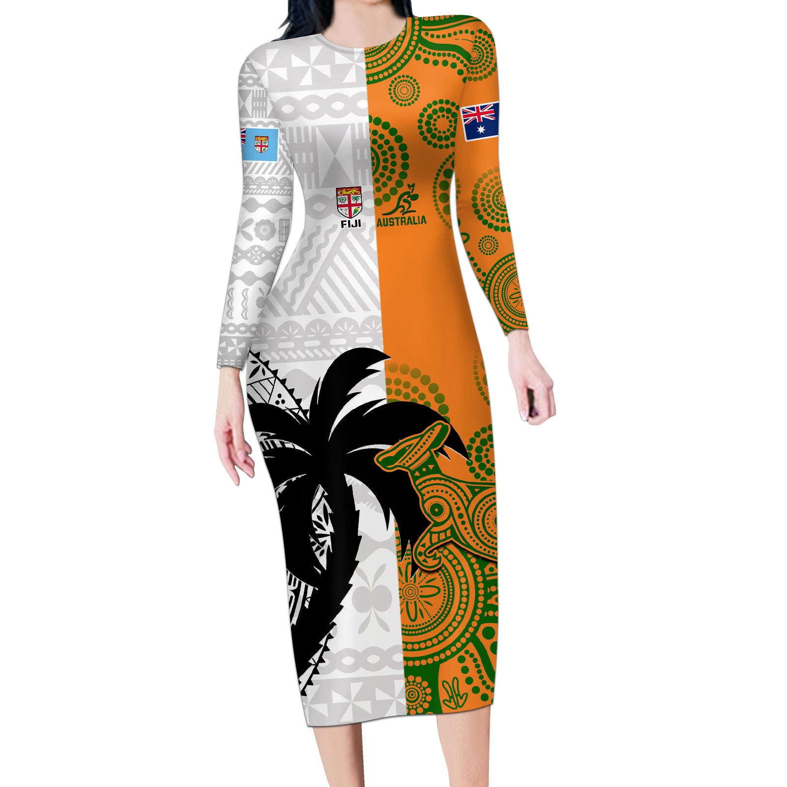 Fiji And Australia Rugby Long Sleeve Bodycon Dress 2023 World Cup Aboriginal Mix Tapa Pattern - Wonder Print Shop