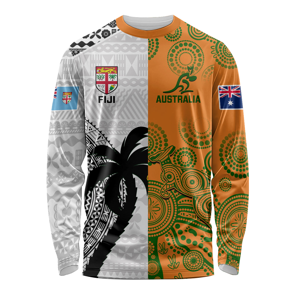 Fiji And Australia Rugby Long Sleeve Shirt 2023 World Cup Aboriginal Mix Tapa Pattern - Wonder Print Shop