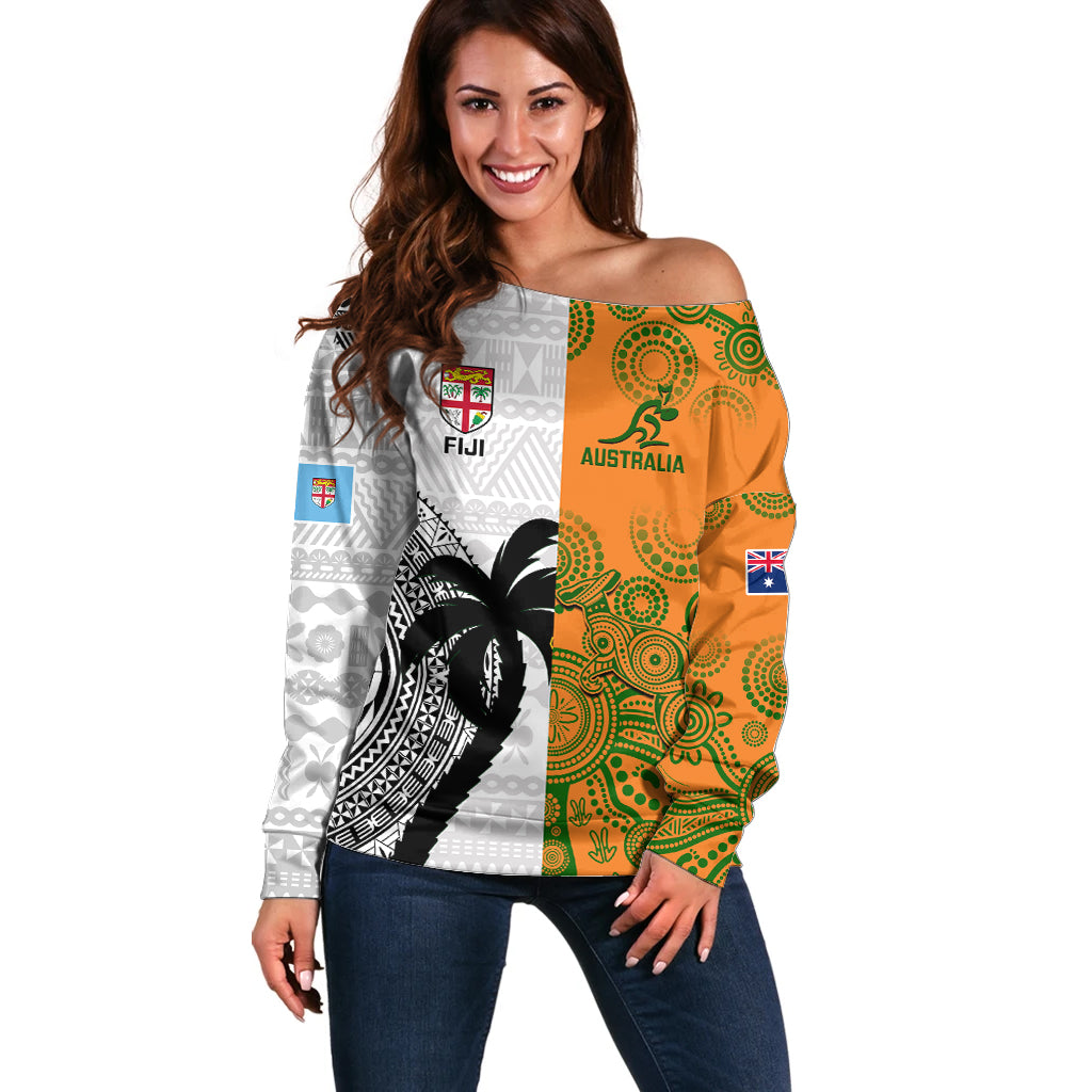 Fiji And Australia Rugby Off Shoulder Sweater 2023 World Cup Aboriginal Mix Tapa Pattern - Wonder Print Shop