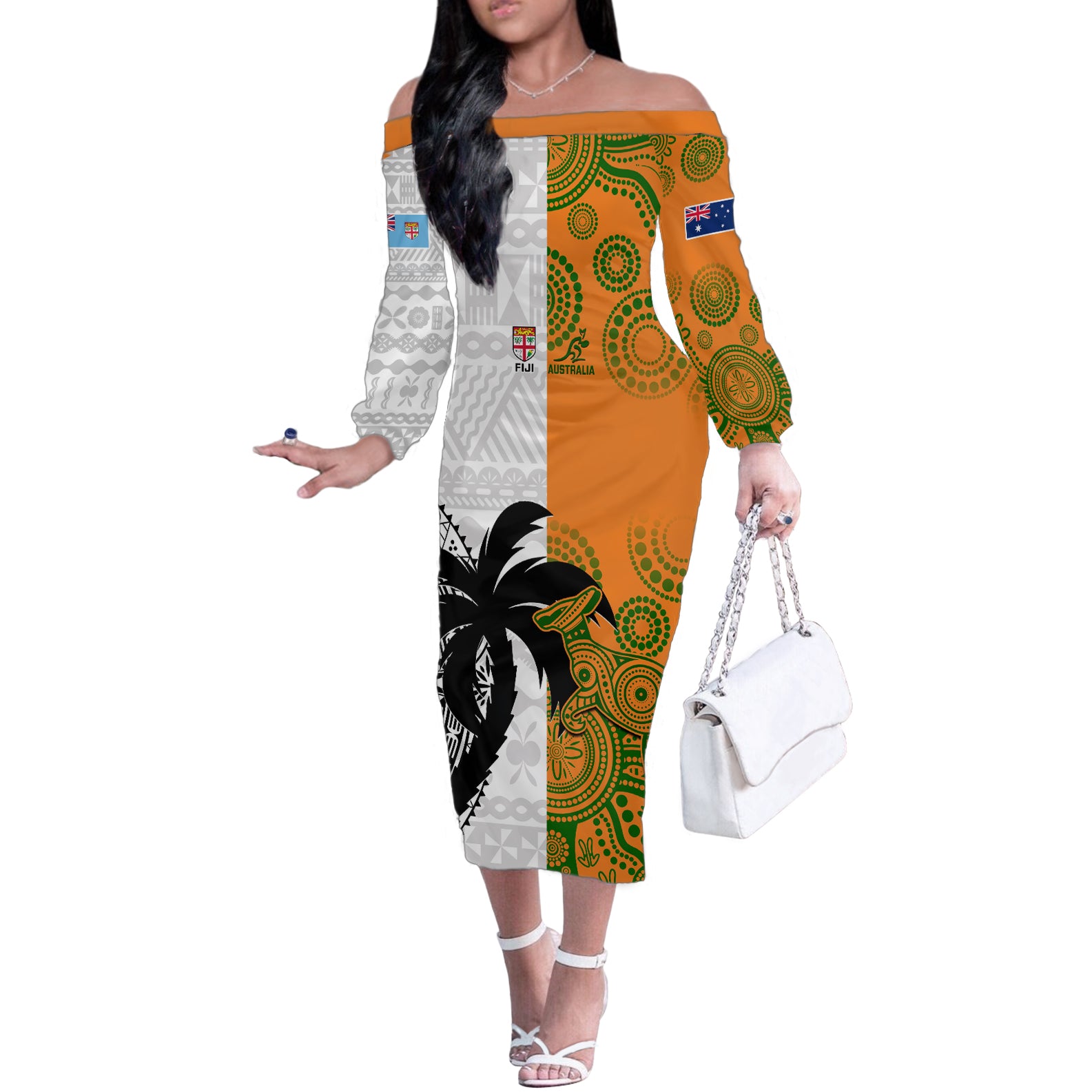 Fiji And Australia Rugby Off The Shoulder Long Sleeve Dress 2023 World Cup Aboriginal Mix Tapa Pattern - Wonder Print Shop