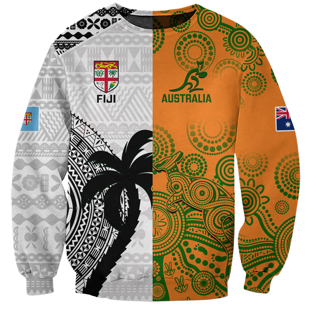 Unisex rugby sweatshirt with orange-green patterned front, black palm motif, flags