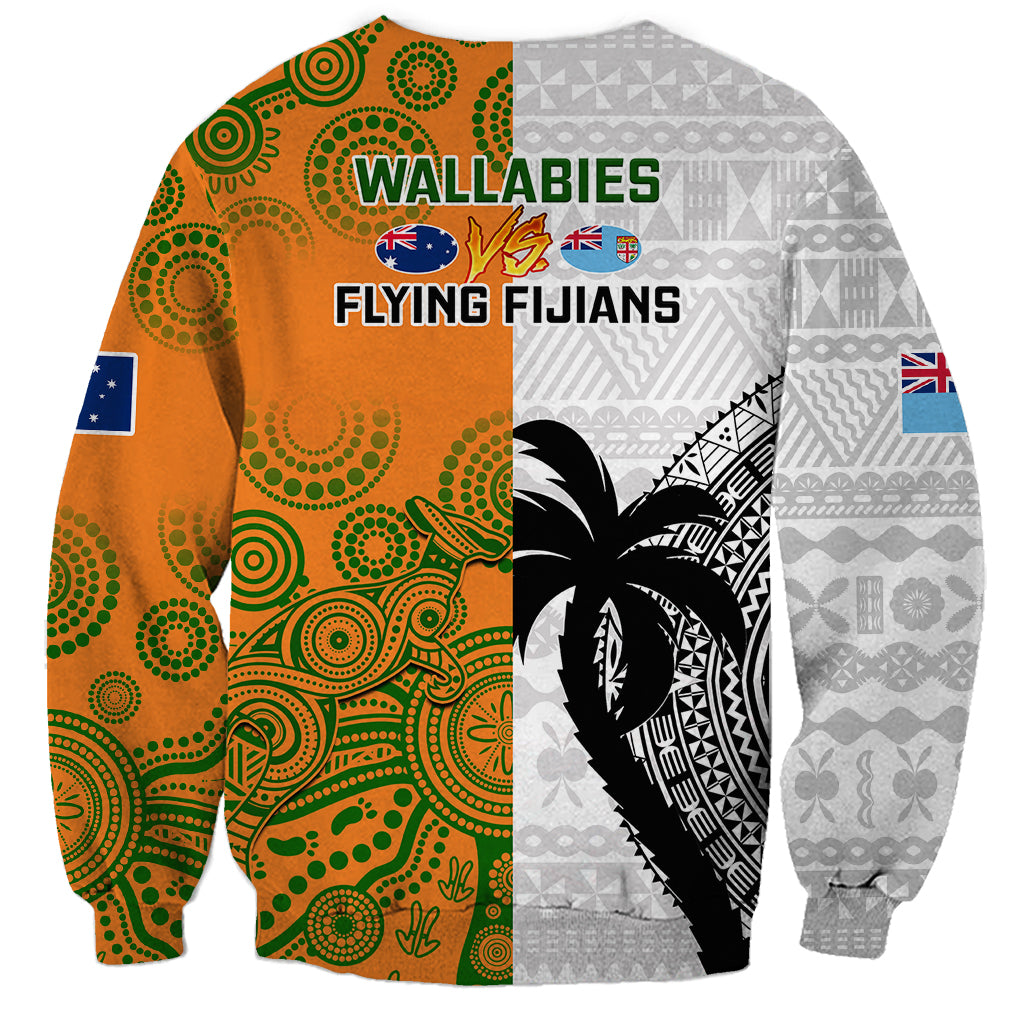 Unisex rugby sweatshirt back with WALLABIES and FLYING FIJANS text, orange/gray pattern