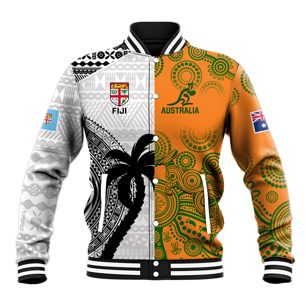Rugby baseball jacket in gold and green with white/black palm print and striped rib cuffs