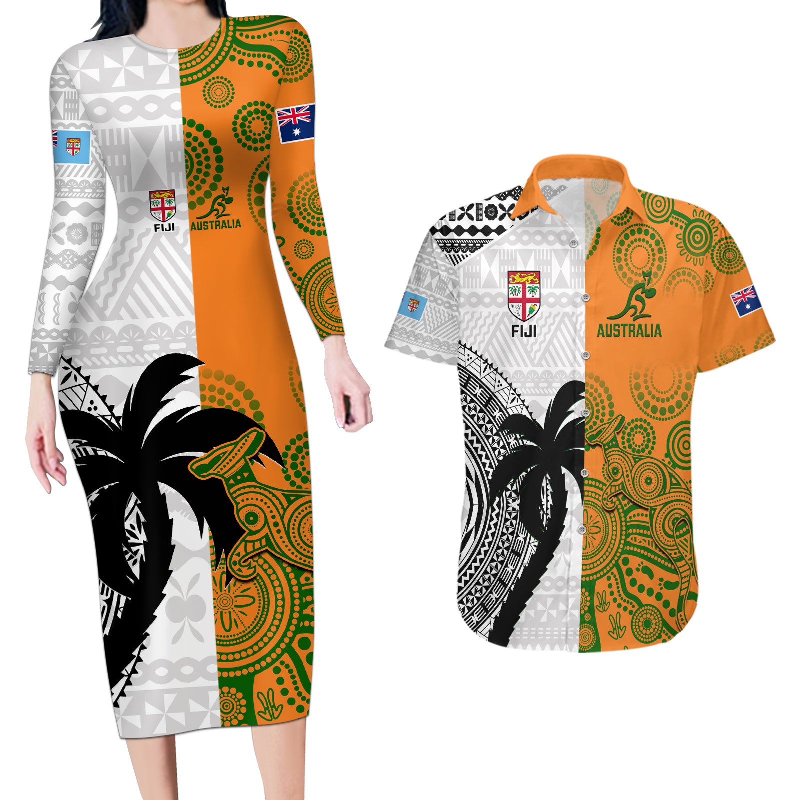 Custom Fiji And Australia Rugby Couples Matching Long Sleeve Bodycon Dress and Hawaiian Shirt 2023 World Cup Aboriginal Mix Tapa Pattern - Wonder Print Shop