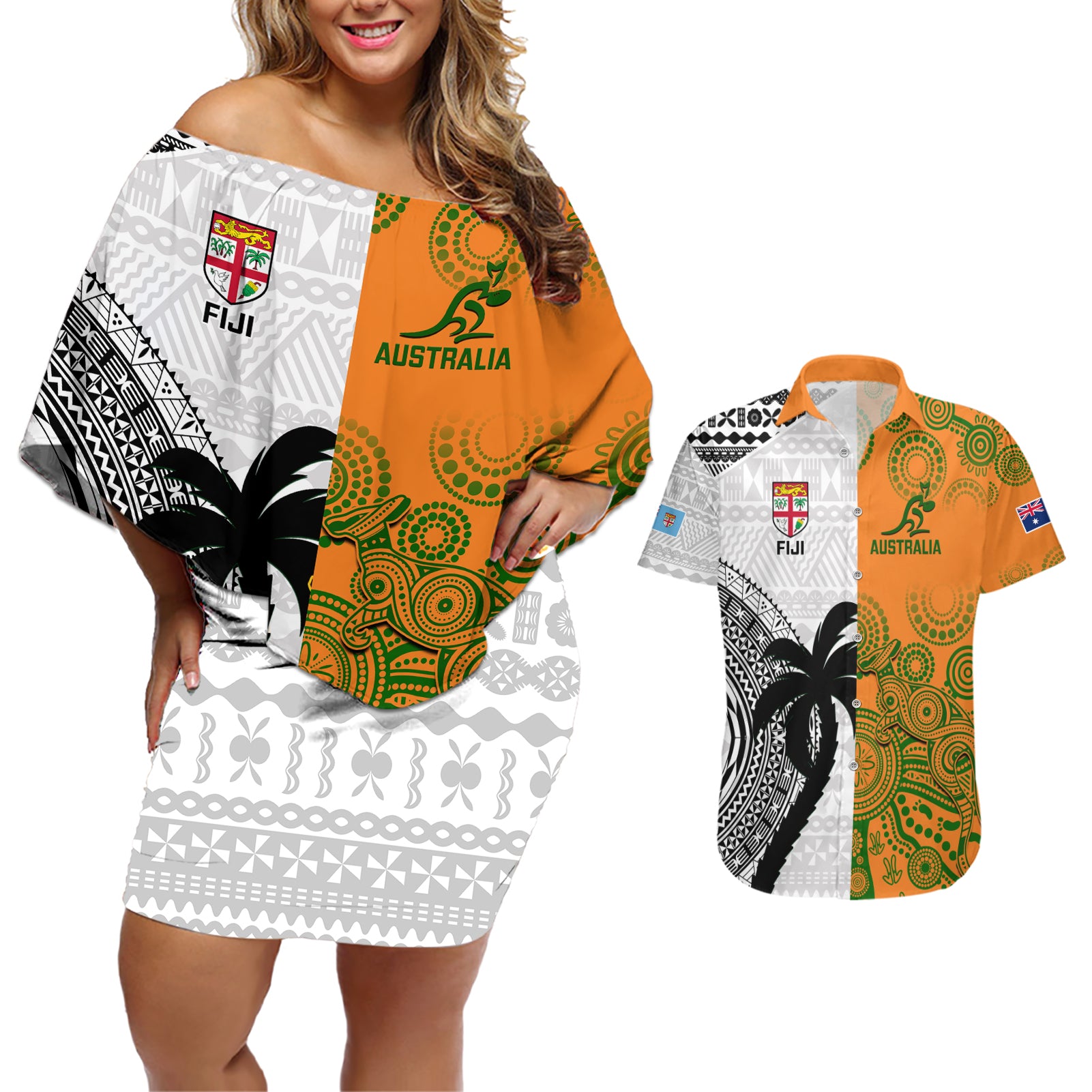 Custom Fiji And Australia Rugby Couples Matching Off Shoulder Short Dress and Hawaiian Shirt 2023 World Cup Aboriginal Mix Tapa Pattern - Wonder Print Shop