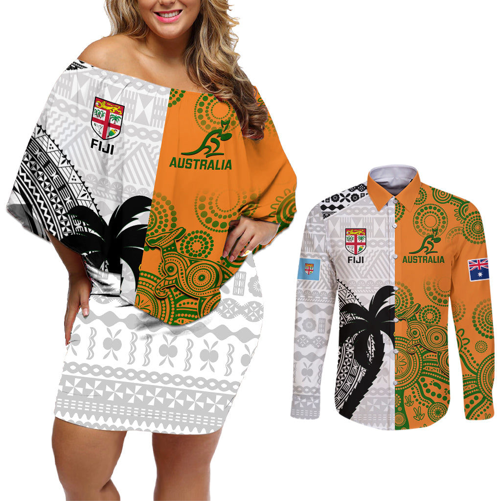 Custom Fiji And Australia Rugby Couples Matching Off Shoulder Short Dress and Long Sleeve Button Shirts 2023 World Cup Aboriginal Mix Tapa Pattern - Wonder Print Shop