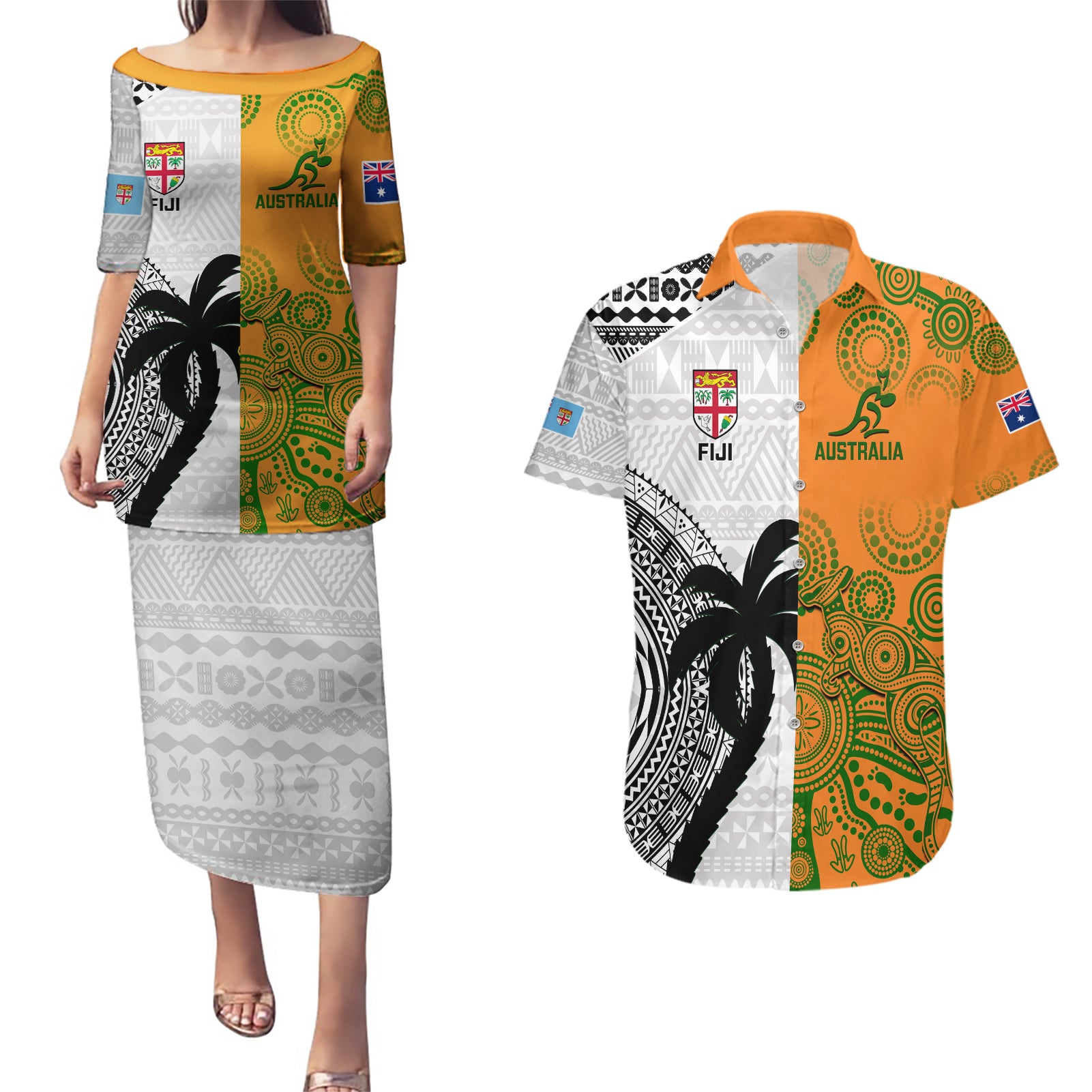 Custom Fiji And Australia Rugby Couples Matching Puletasi Dress and Hawaiian Shirt 2023 World Cup Aboriginal Mix Tapa Pattern - Wonder Print Shop