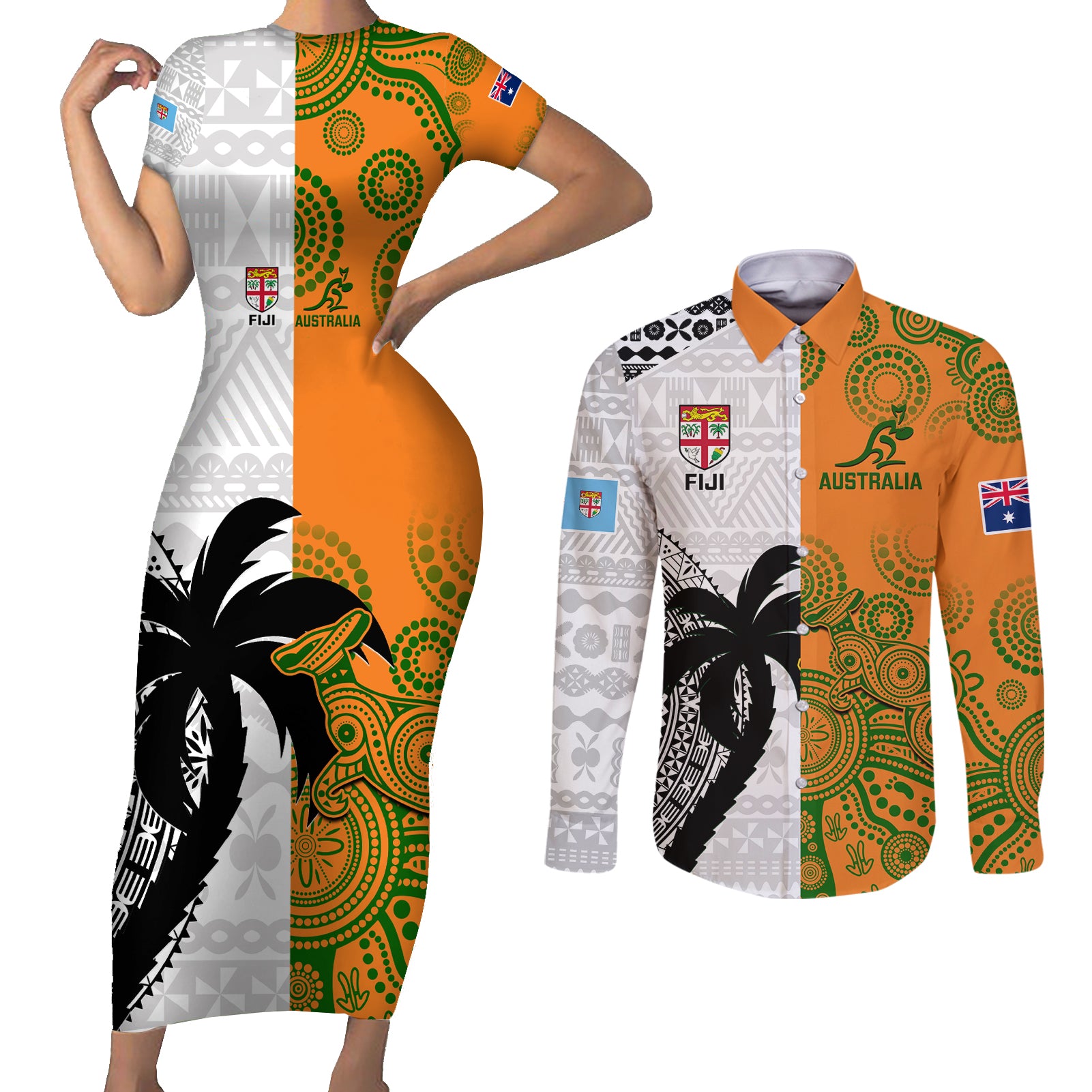 Custom Fiji And Australia Rugby Couples Matching Short Sleeve Bodycon Dress and Long Sleeve Button Shirts 2023 World Cup Aboriginal Mix Tapa Pattern - Wonder Print Shop