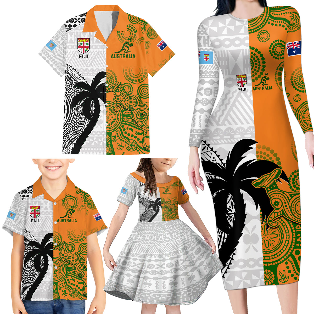 Custom Fiji And Australia Rugby Family Matching Long Sleeve Bodycon Dress and Hawaiian Shirt 2023 World Cup Aboriginal Mix Tapa Pattern - Wonder Print Shop