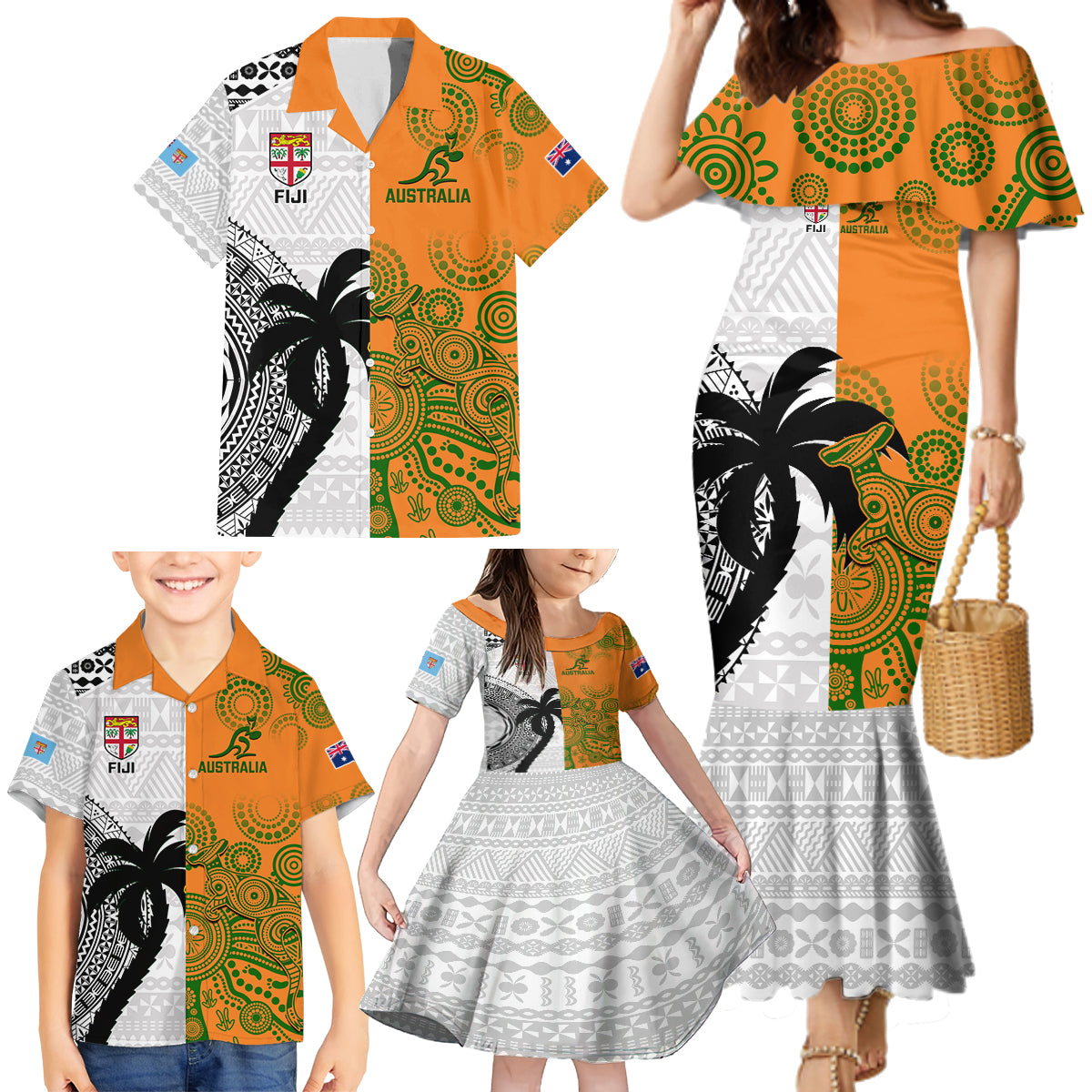 Custom Fiji And Australia Rugby Family Matching Mermaid Dress and Hawaiian Shirt 2023 World Cup Aboriginal Mix Tapa Pattern - Wonder Print Shop