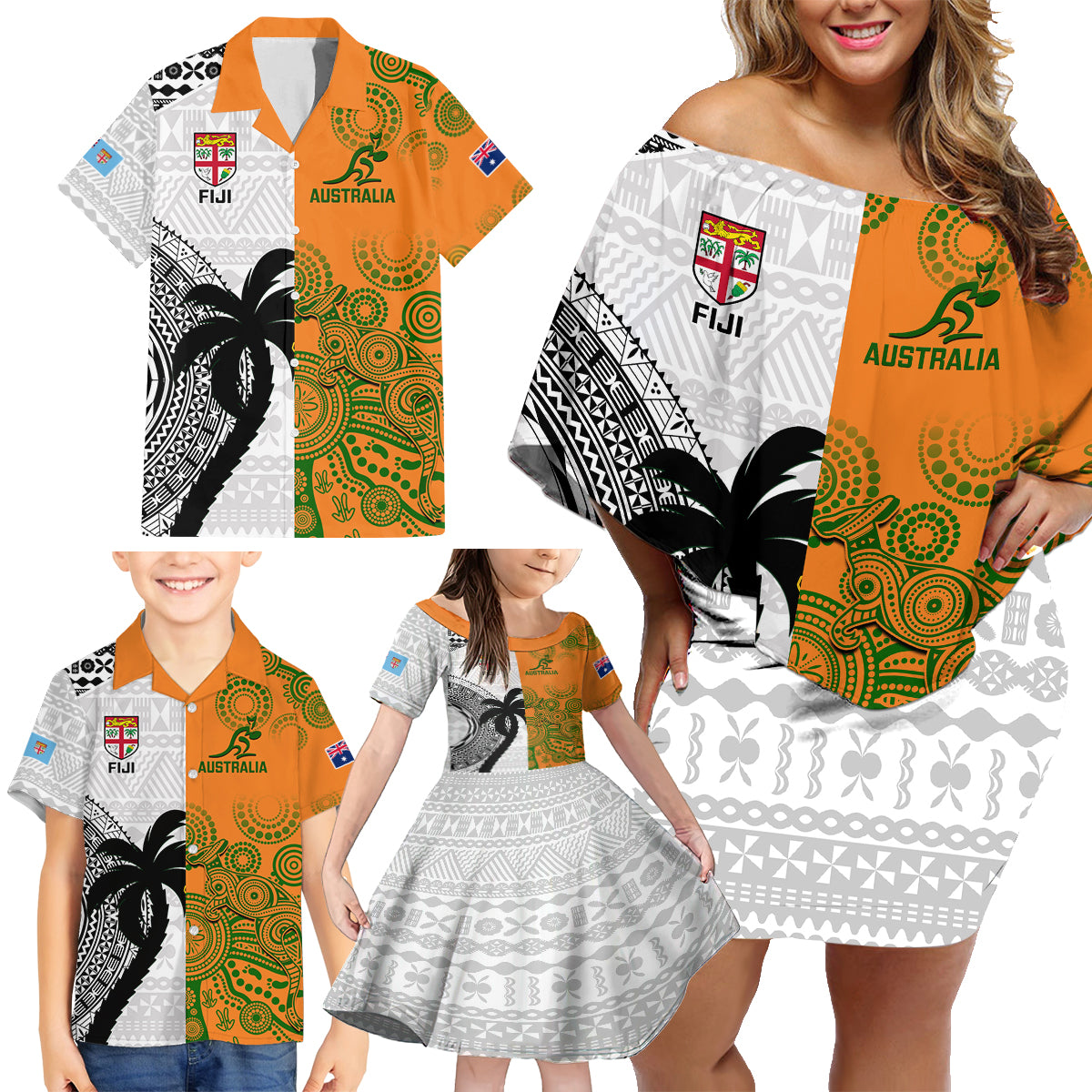 Custom Fiji And Australia Rugby Family Matching Off Shoulder Short Dress and Hawaiian Shirt 2023 World Cup Aboriginal Mix Tapa Pattern - Wonder Print Shop