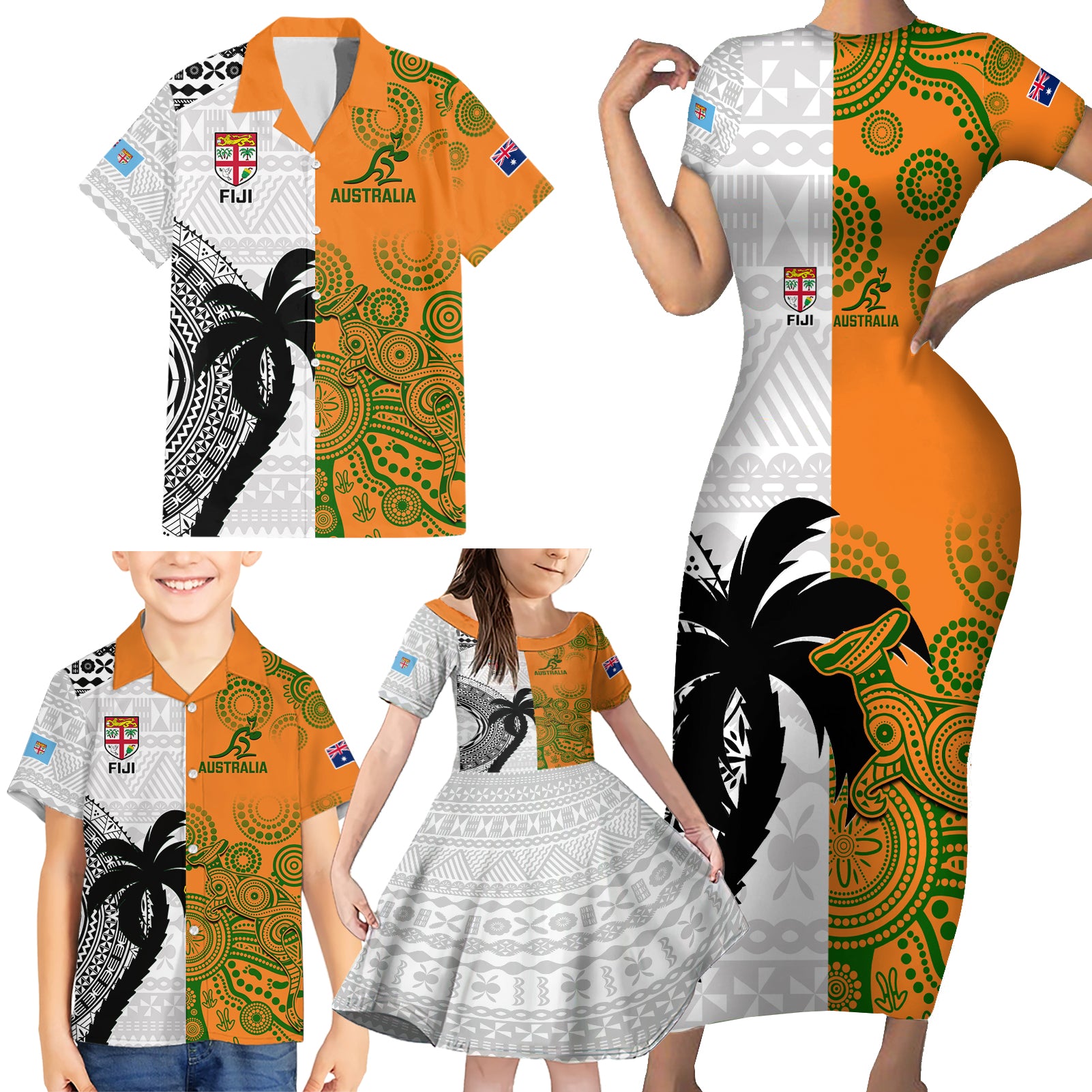 Custom Fiji And Australia Rugby Family Matching Short Sleeve Bodycon Dress and Hawaiian Shirt 2023 World Cup Aboriginal Mix Tapa Pattern - Wonder Print Shop