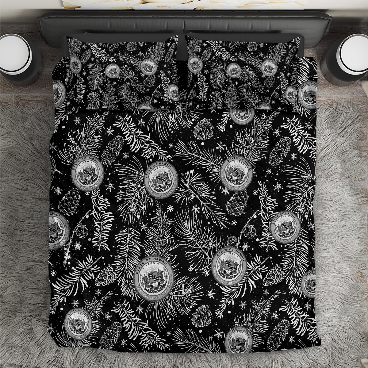 Black bedding set with white pine/leaf print and round crest emblems